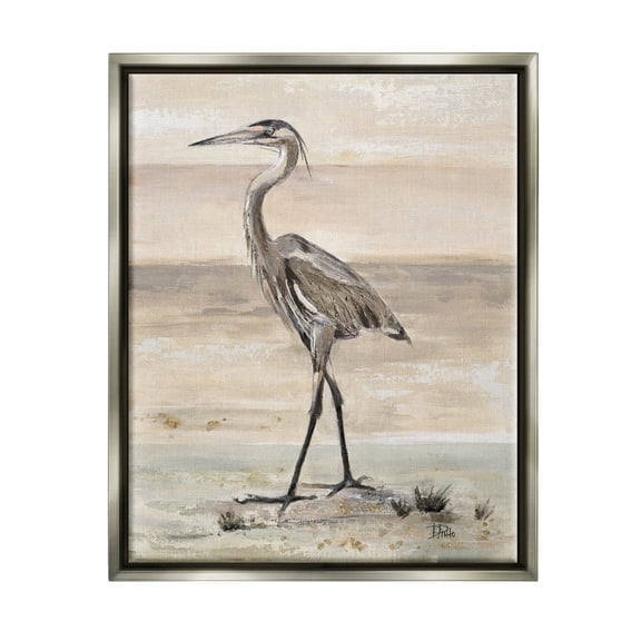 Stupell Industries Crane Bird Beach Shore Painting Luster Gray Floating Framed Canvas Print Wall Art, Design by Patricia Pinto