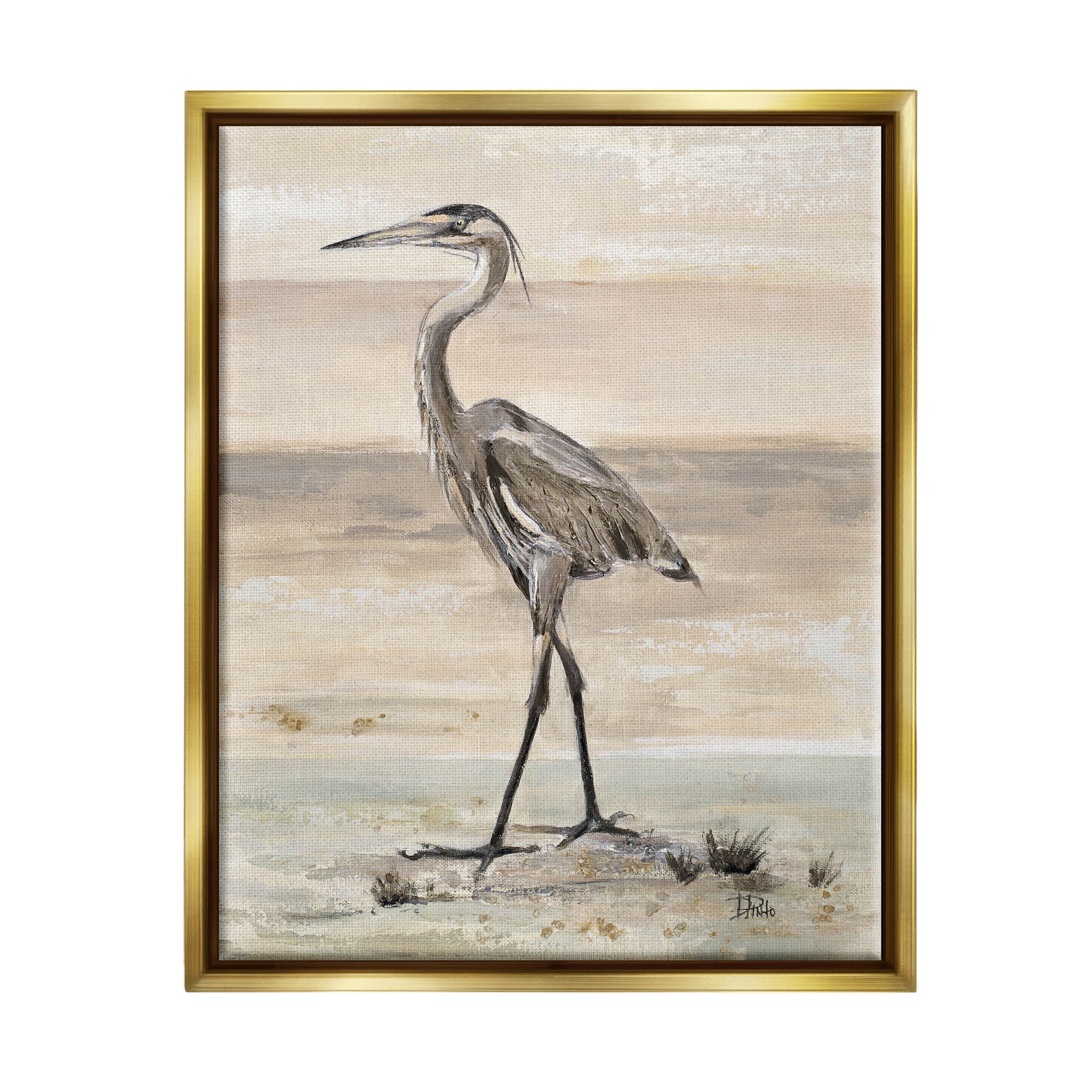 Stupell Industries Crane Bird Beach Shore Painting Metallic Gold Floating Framed Canvas Print Wall Art, Design by Patricia Pinto