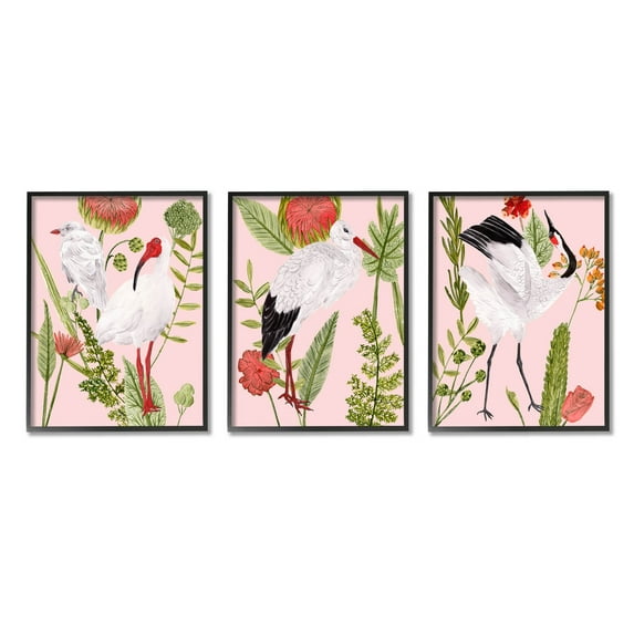 Stupell Industries Crane Bird Pink Botanicals Graphic Art Black Framed Art Print Wall Art, Set of 3, Design by Melissa Wang