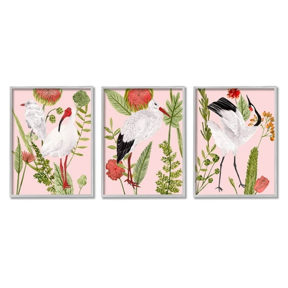 Stupell Industries Crane Bird Pink Botanicals Graphic Art Gray Framed Art Print Wall Art, Set of 3, Design by Melissa Wang