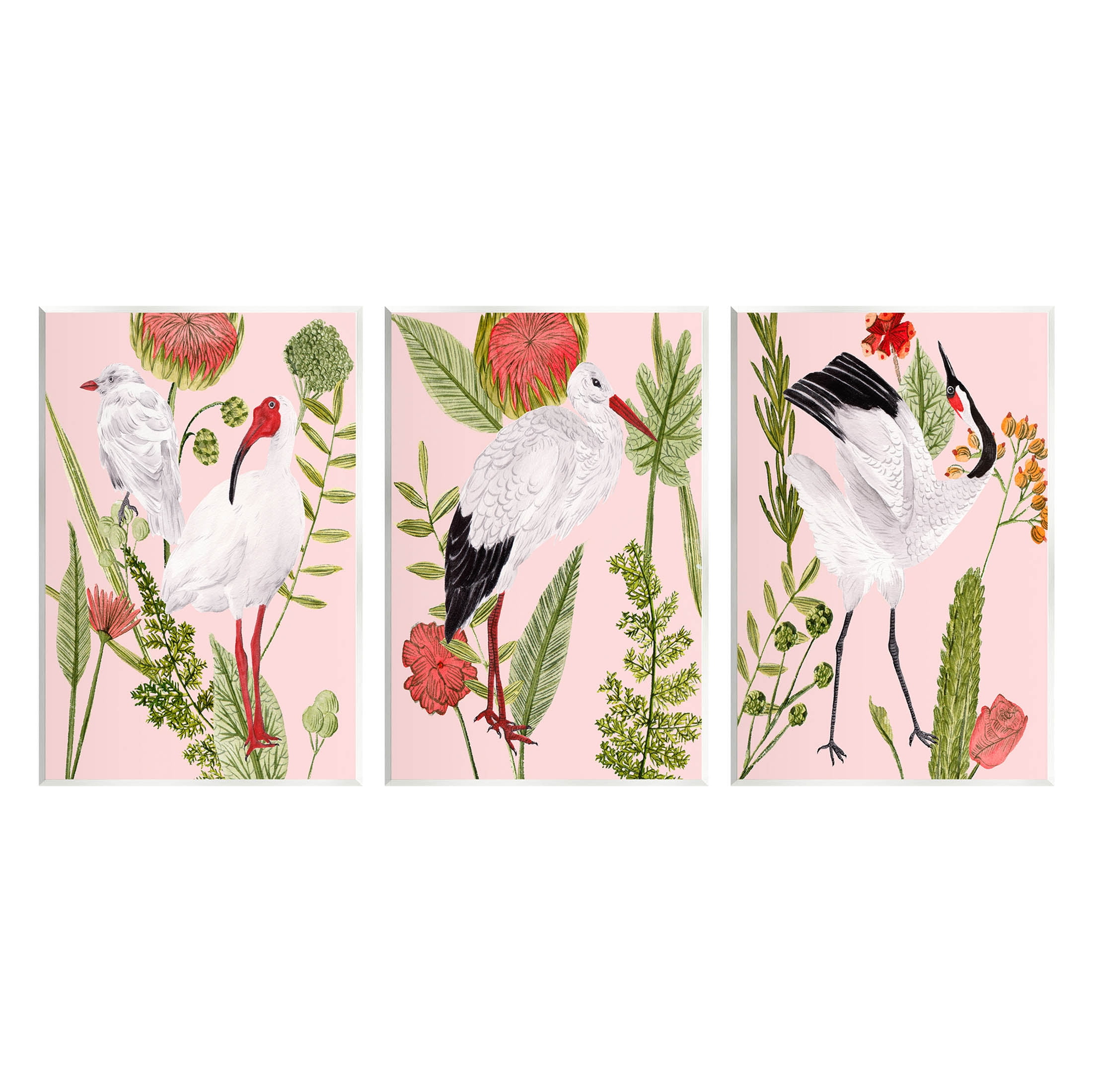 Stupell Industries Crane Bird Pink Botanicals Graphic Art Unframed Art Print Wall Art, Set of 3, Design by Melissa Wang
