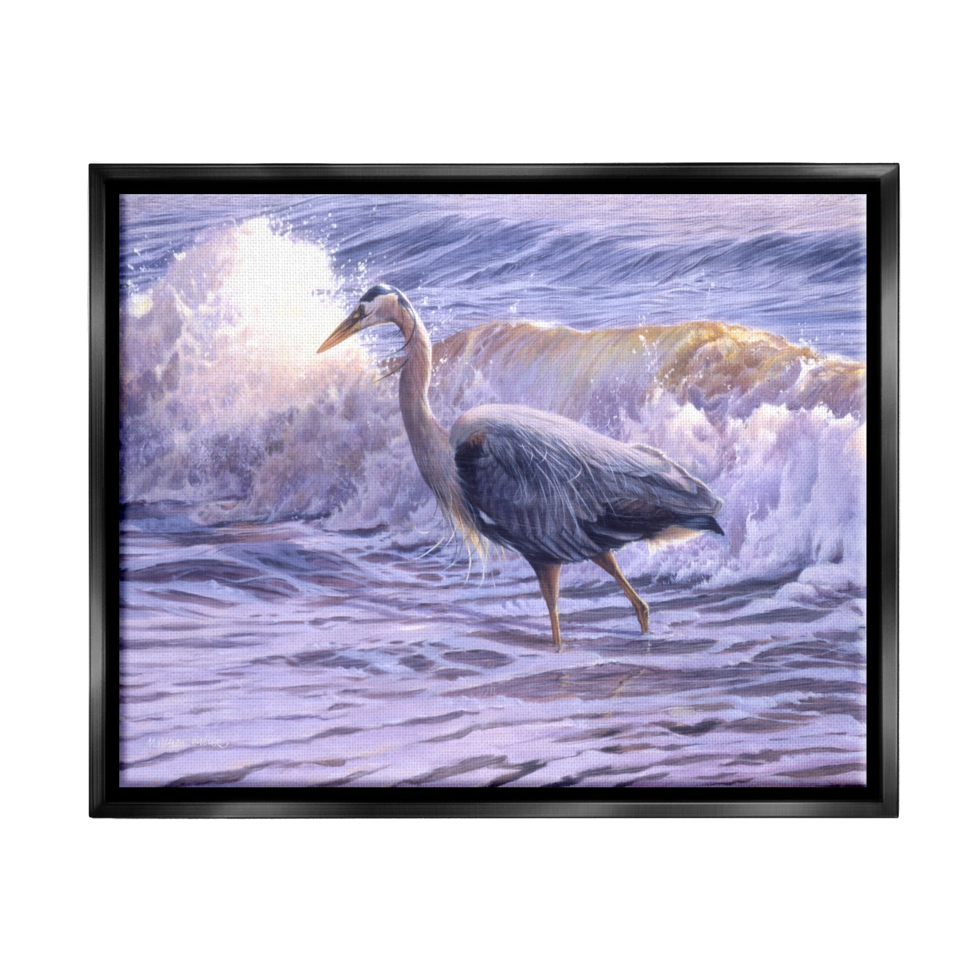 Stupell Industries Crane Bird Splashing Ocean Waves Coastal Photography Black Floater Framed Art Print Wall Art