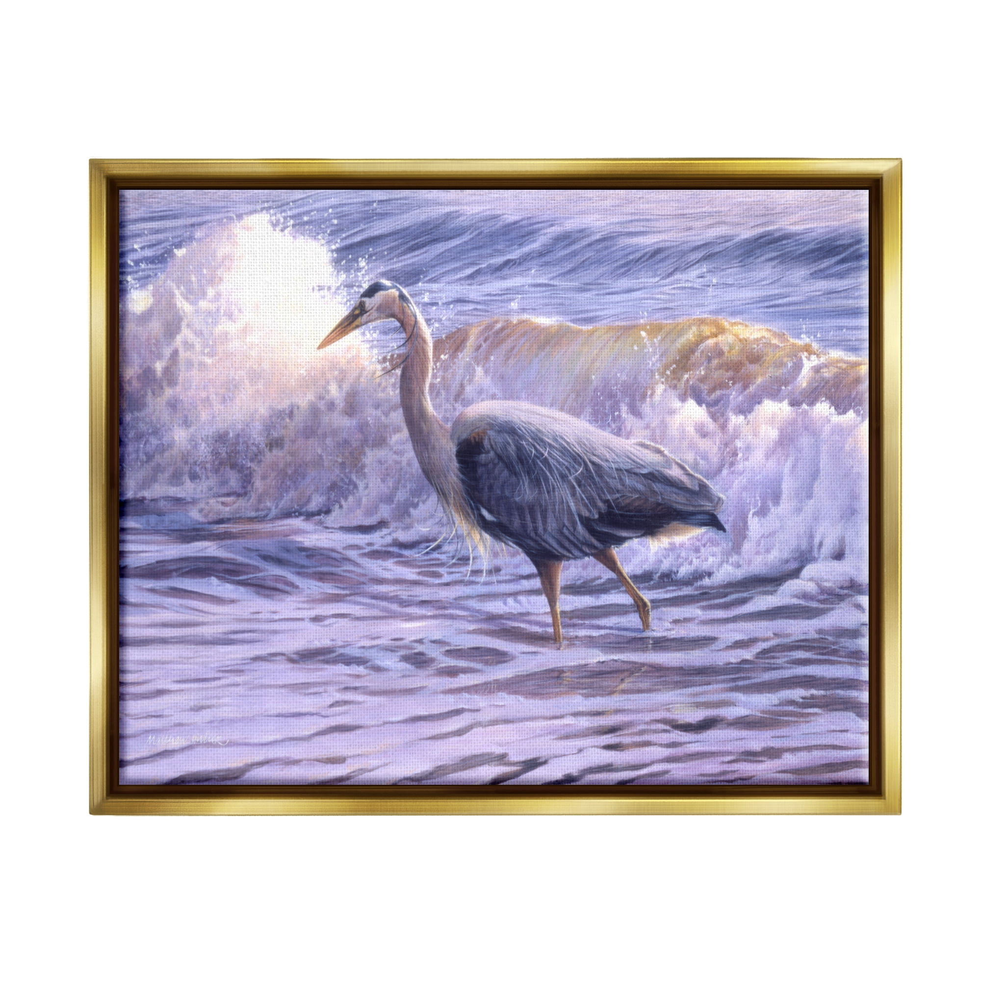 Stupell Industries Crane Bird Splashing Ocean Waves Coastal Photography Gold Floater Framed Art Print Wall Art