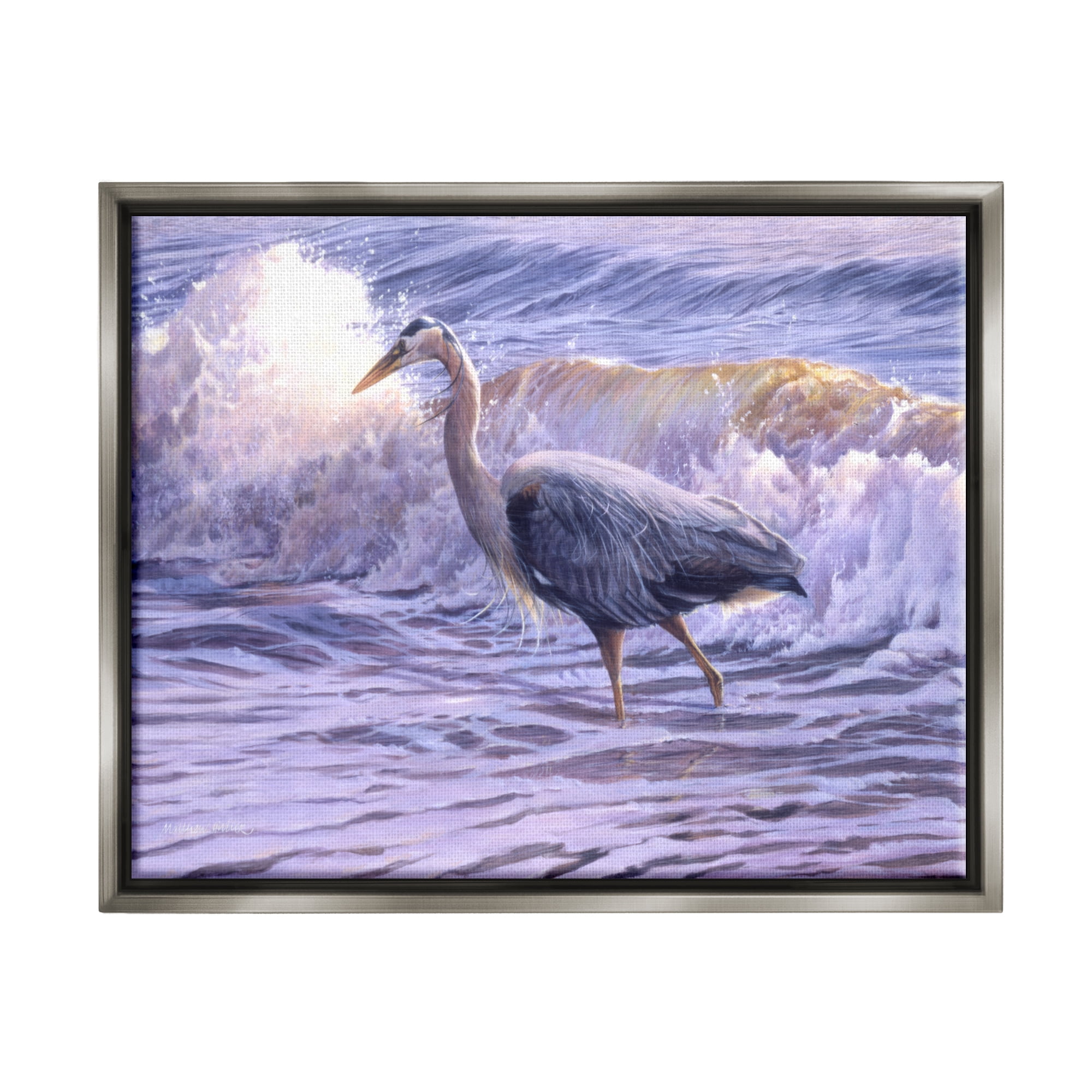 Stupell Industries Crane Bird Splashing Ocean Waves Coastal Photography Gray Floater Framed Art Print Wall Art
