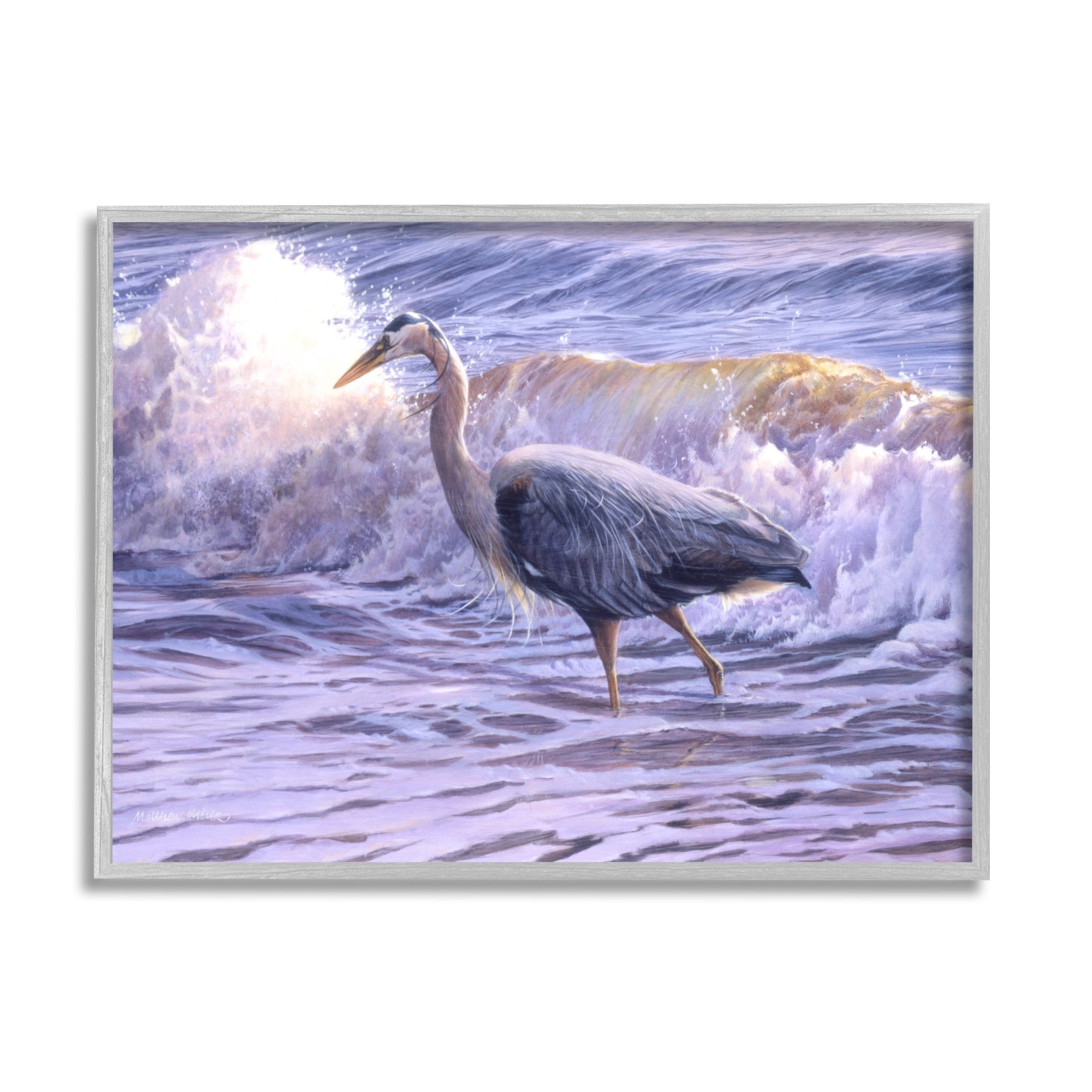 Stupell Industries Crane Bird Splashing Ocean Waves Coastal Photography Gray Framed Art Print Wall Art