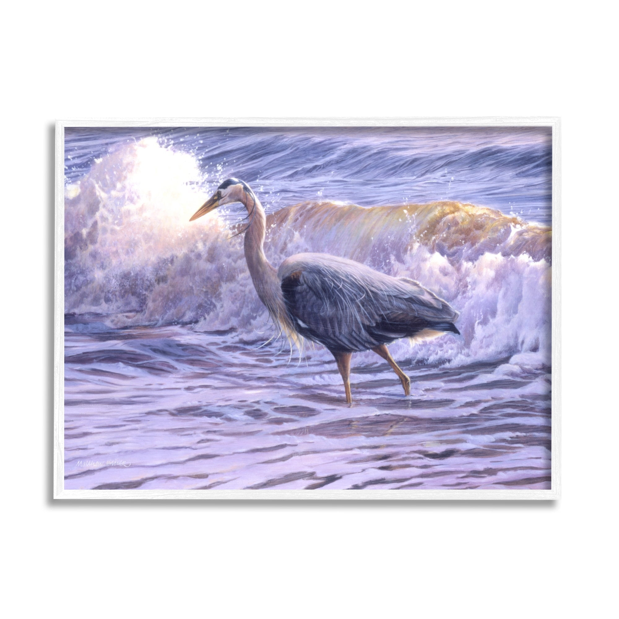 Stupell Industries Crane Bird Splashing Ocean Waves Coastal Photography White Framed Art Print Wall Art