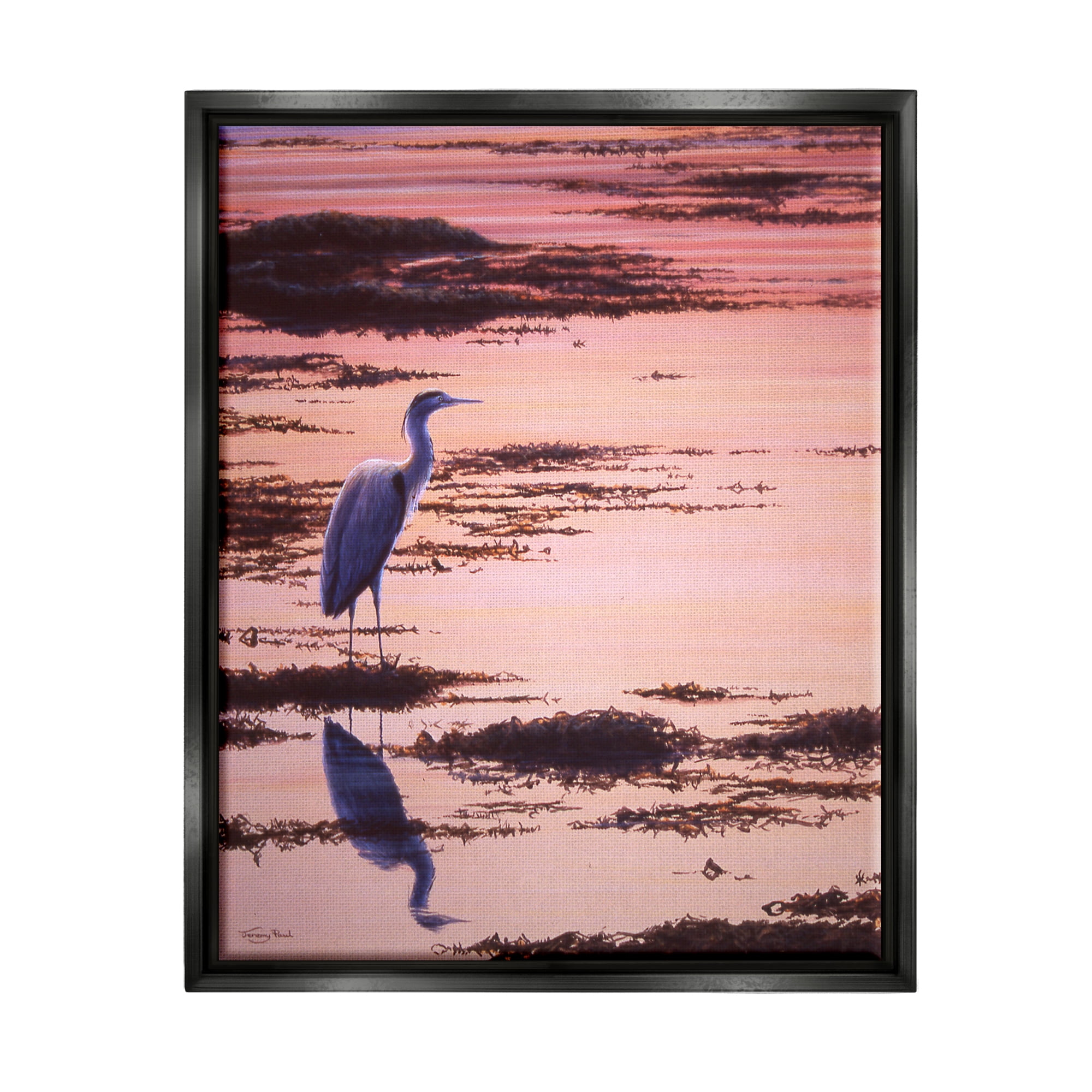 Stupell Industries Crane Bird in Sunrise Marsh Coastal Photography Black Floater Framed Art Print Wall Art