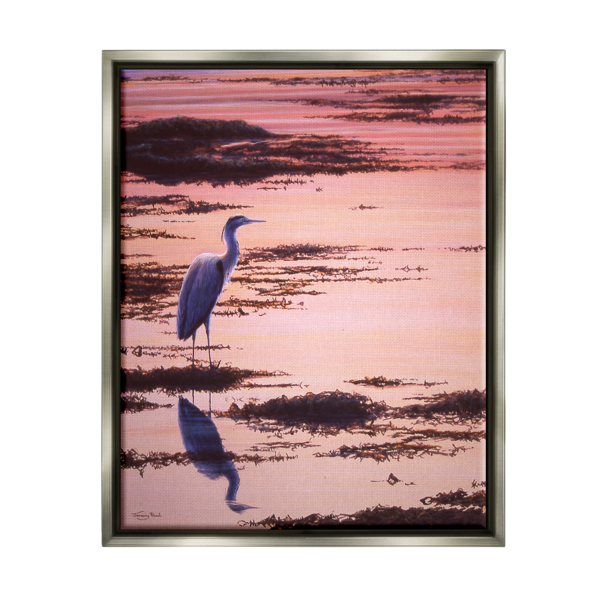 Stupell Industries Crane Bird in Sunrise Marsh Coastal Photography Gray Floater Framed Art Print Wall Art
