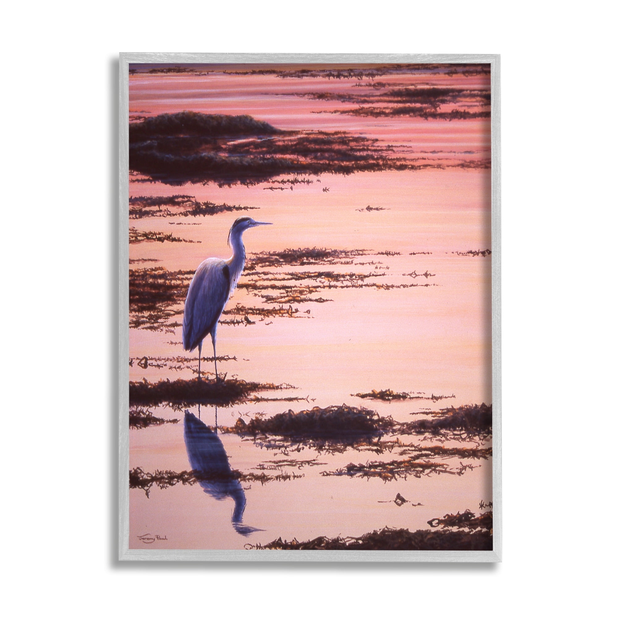 Stupell Industries Crane Bird in Sunrise Marsh Coastal Photography Gray Framed Art Print Wall Art