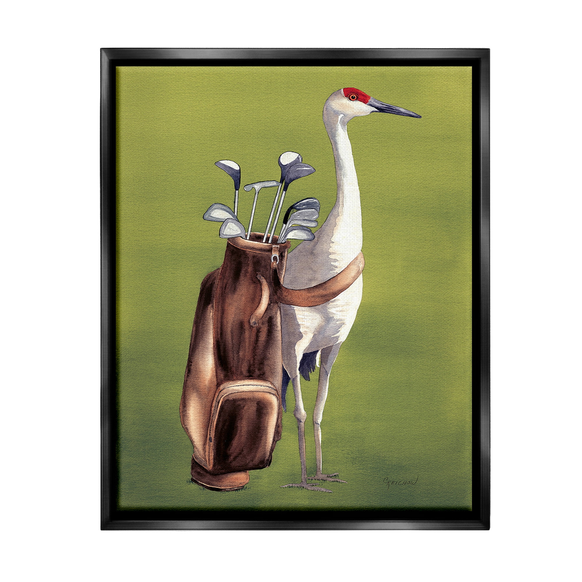 Stupell Industries Crane Bird with Golf Clubs Animals & Insects Painting Black Floater Framed Canvas Art Print Wall Art, 17 x 21