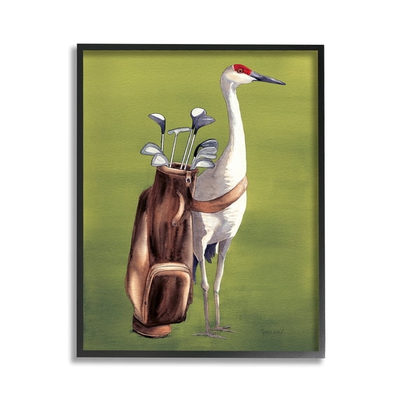 Stupell Industries Crane Bird with Golf Clubs Animals & Insects Painting Black Framed Art Print Wall Art, 11 x 14