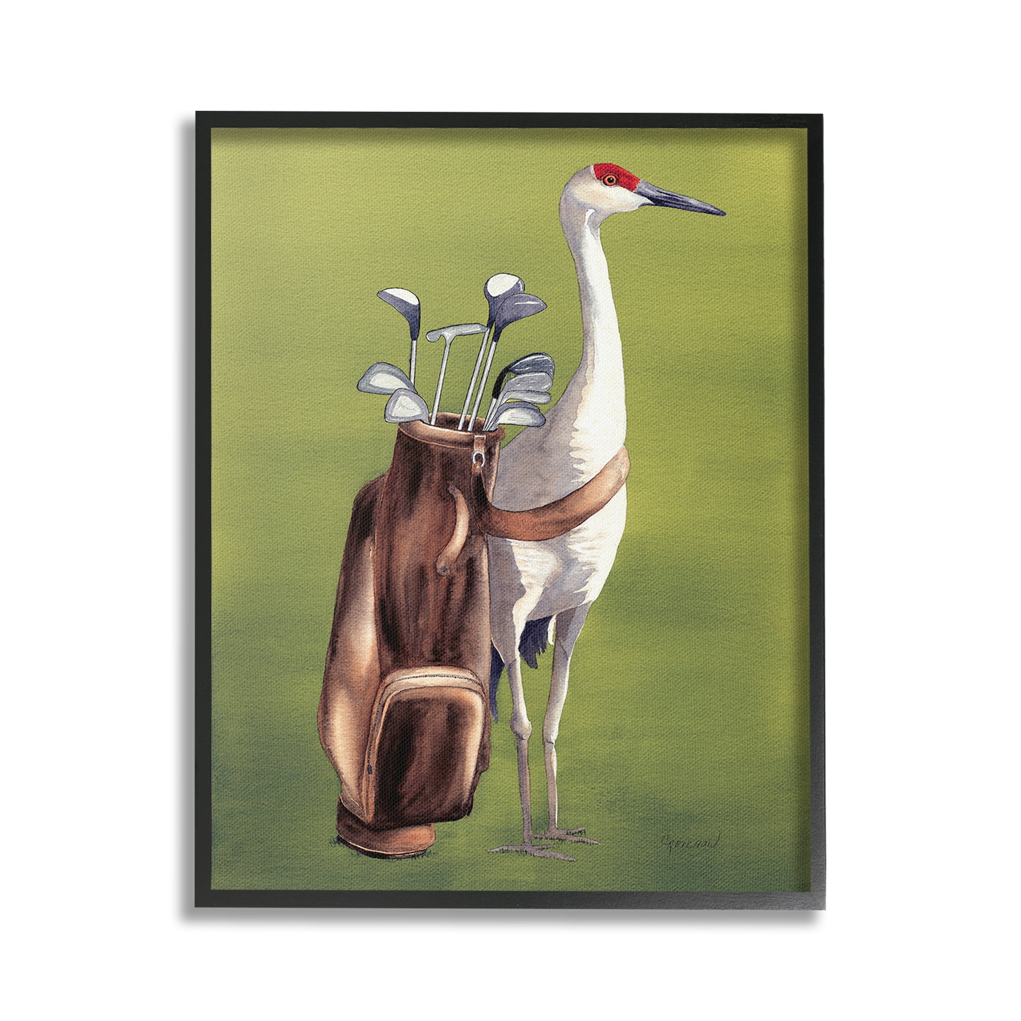 Stupell Industries Crane Bird with Golf Clubs Animals & Insects Painting Black Framed Art Print Wall Art, 24 x 30