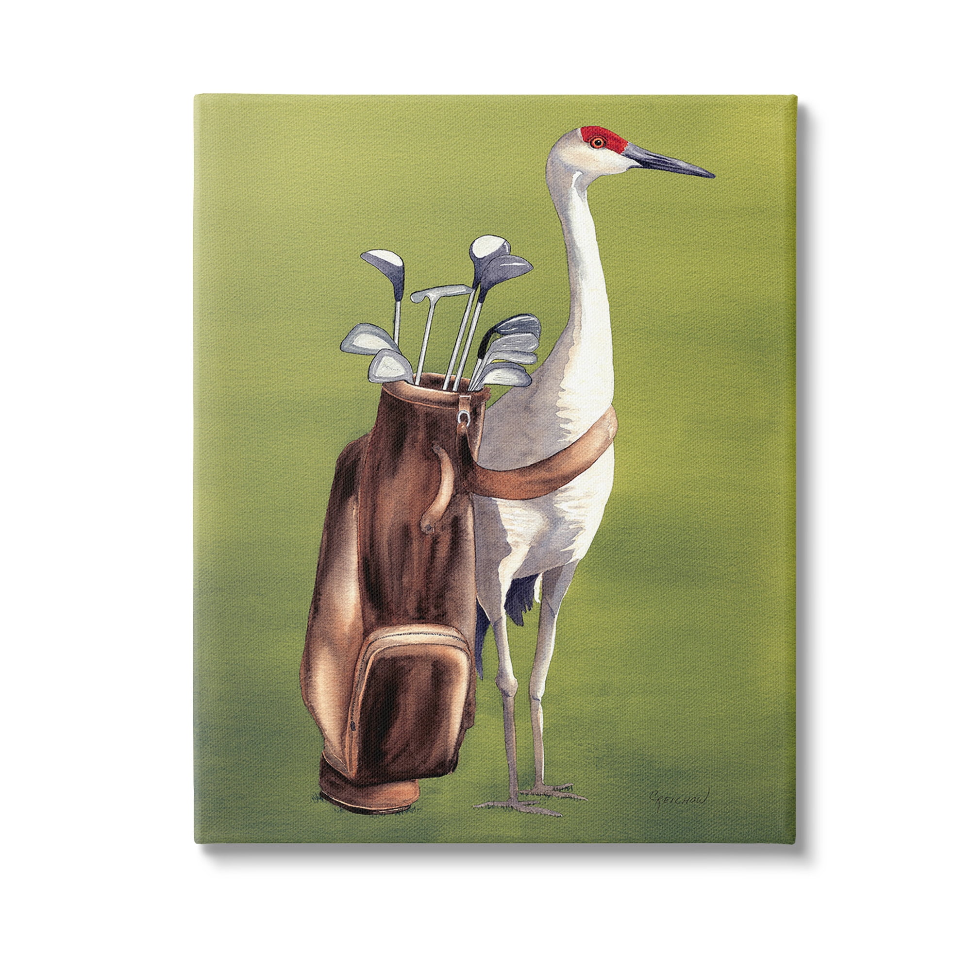 Stupell Industries Crane Bird with Golf Clubs Animals & Insects Painting Gallery Wrapped Canvas Art Print Wall Art, 30 x 40