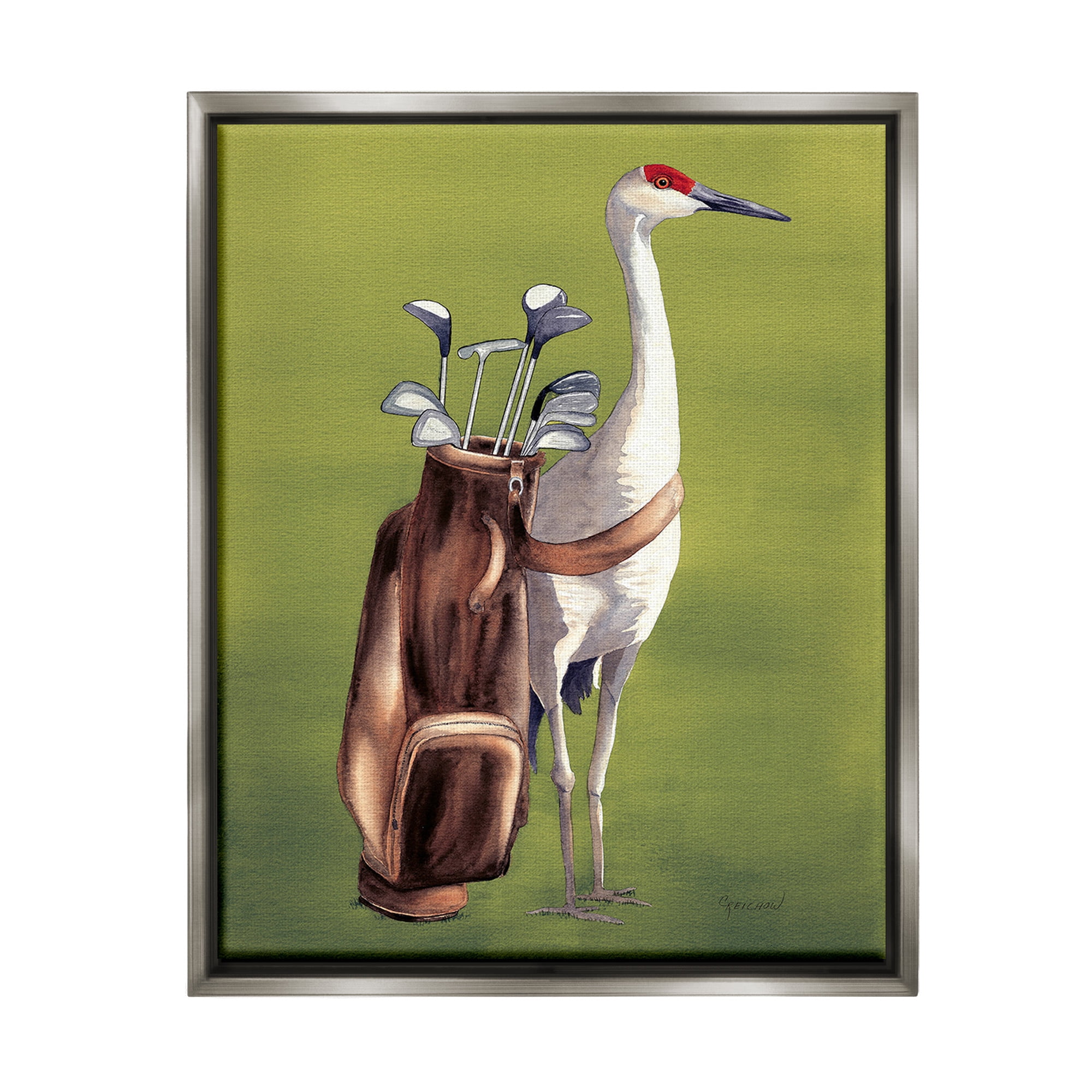 Stupell Industries Crane Bird with Golf Clubs Animals & Insects Painting Gray Floater Framed Canvas Art Print Wall Art, 17 x 21