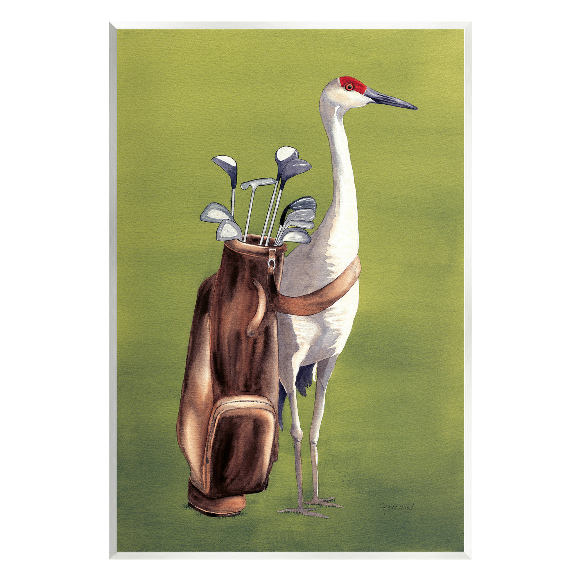 Stupell Industries Crane Bird with Golf Clubs Animals & Insects Painting Unframed Art Print Wall Art, 13 x 19