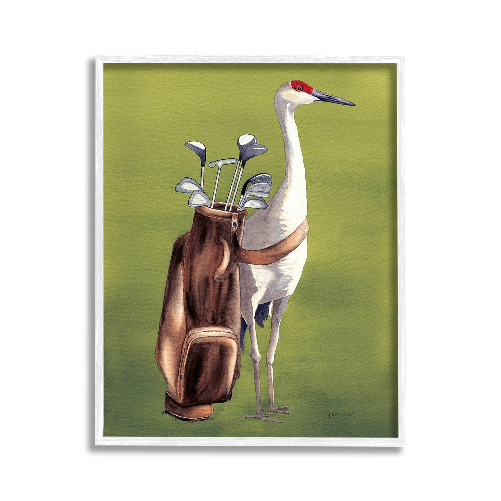 Stupell Industries Crane Bird with Golf Clubs Animals & Insects Painting White Framed Art Print Wall Art, 11 x 14
