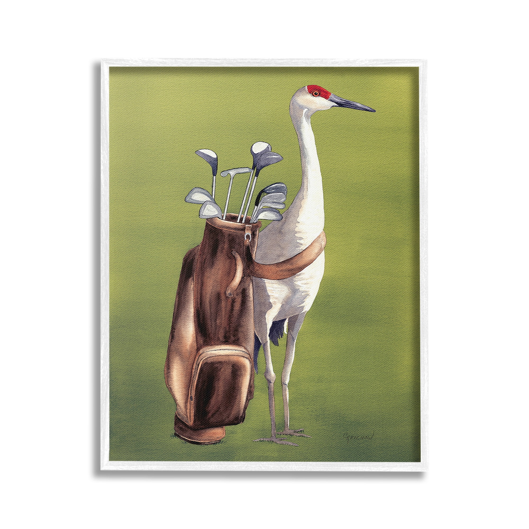 Stupell Industries Crane Bird with Golf Clubs Animals & Insects Painting White Framed Art Print Wall Art, 24 x 30