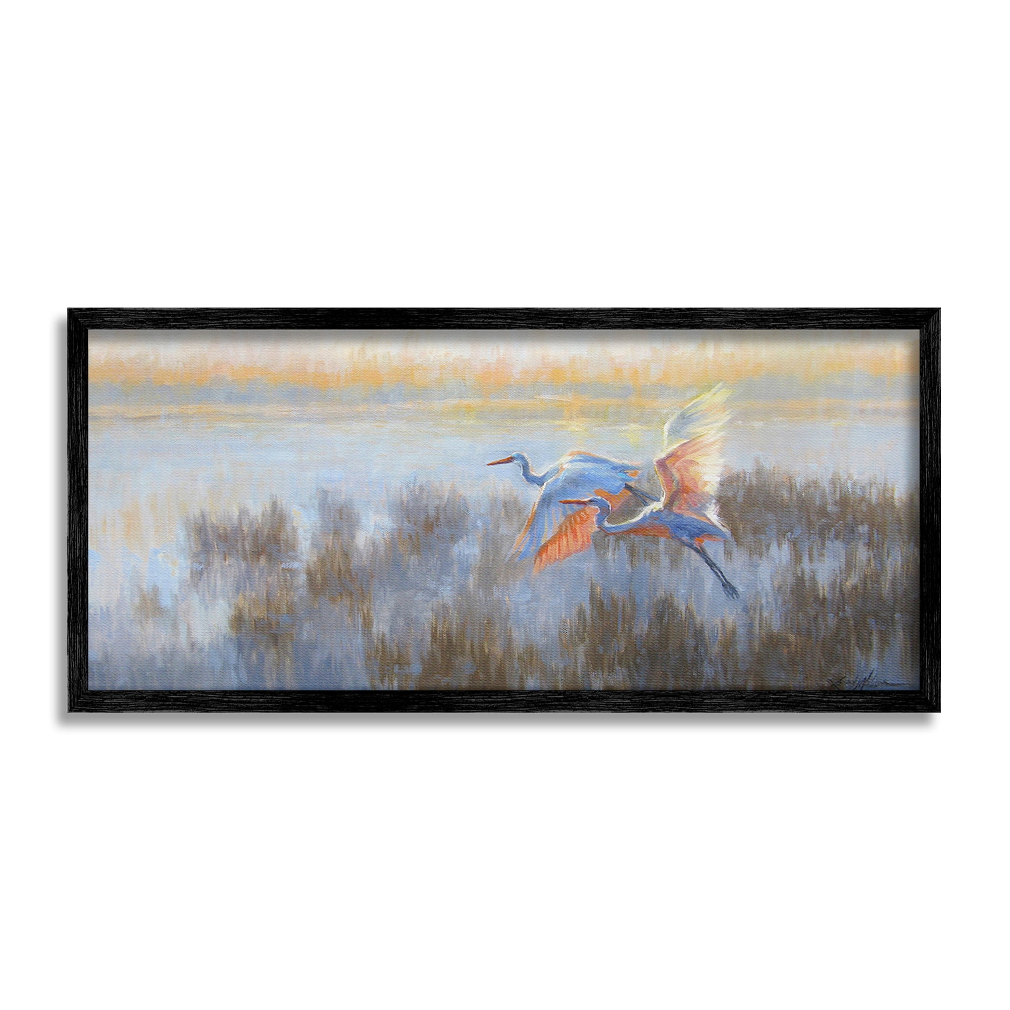 Stupell Industries Crane Birds over Lake Animals & Insects Painting Black Framed Art Print Wall Art, 30 x 13