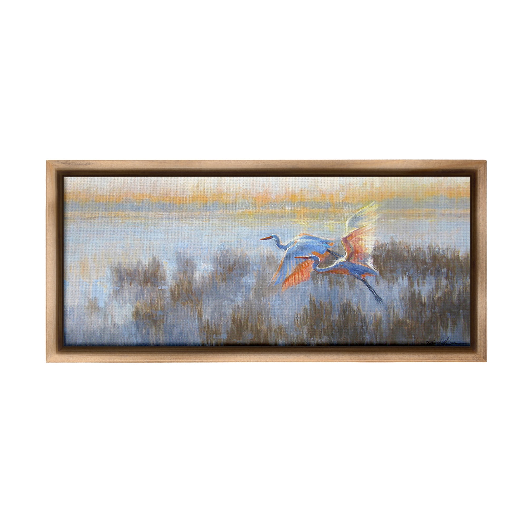 Stupell Industries Crane Birds over Lake Animals & Insects Painting Brown Floater Framed Canvas Art Print Wall Art, 31 x 14