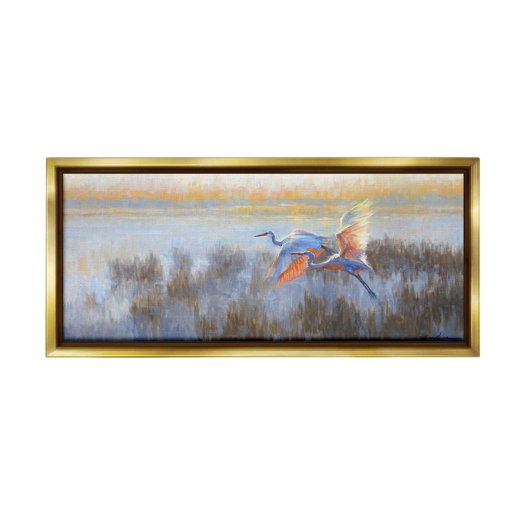 Stupell Industries Crane Birds over Lake Animals & Insects Painting Gold Floater Framed Canvas Art Print Wall Art, 25 x 11