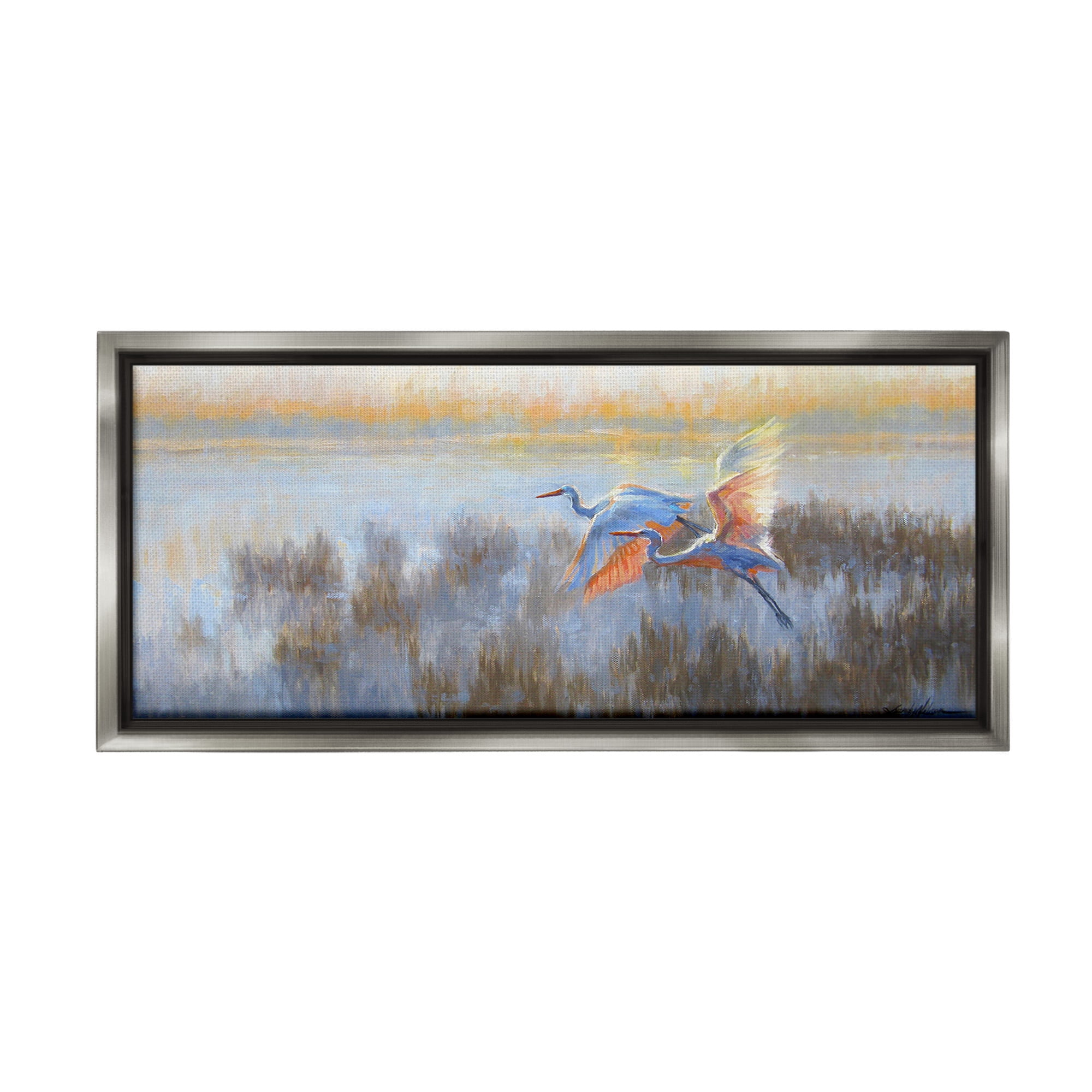 Stupell Industries Crane Birds over Lake Animals & Insects Painting Gray Floater Framed Canvas Art Print Wall Art, 31 x 14