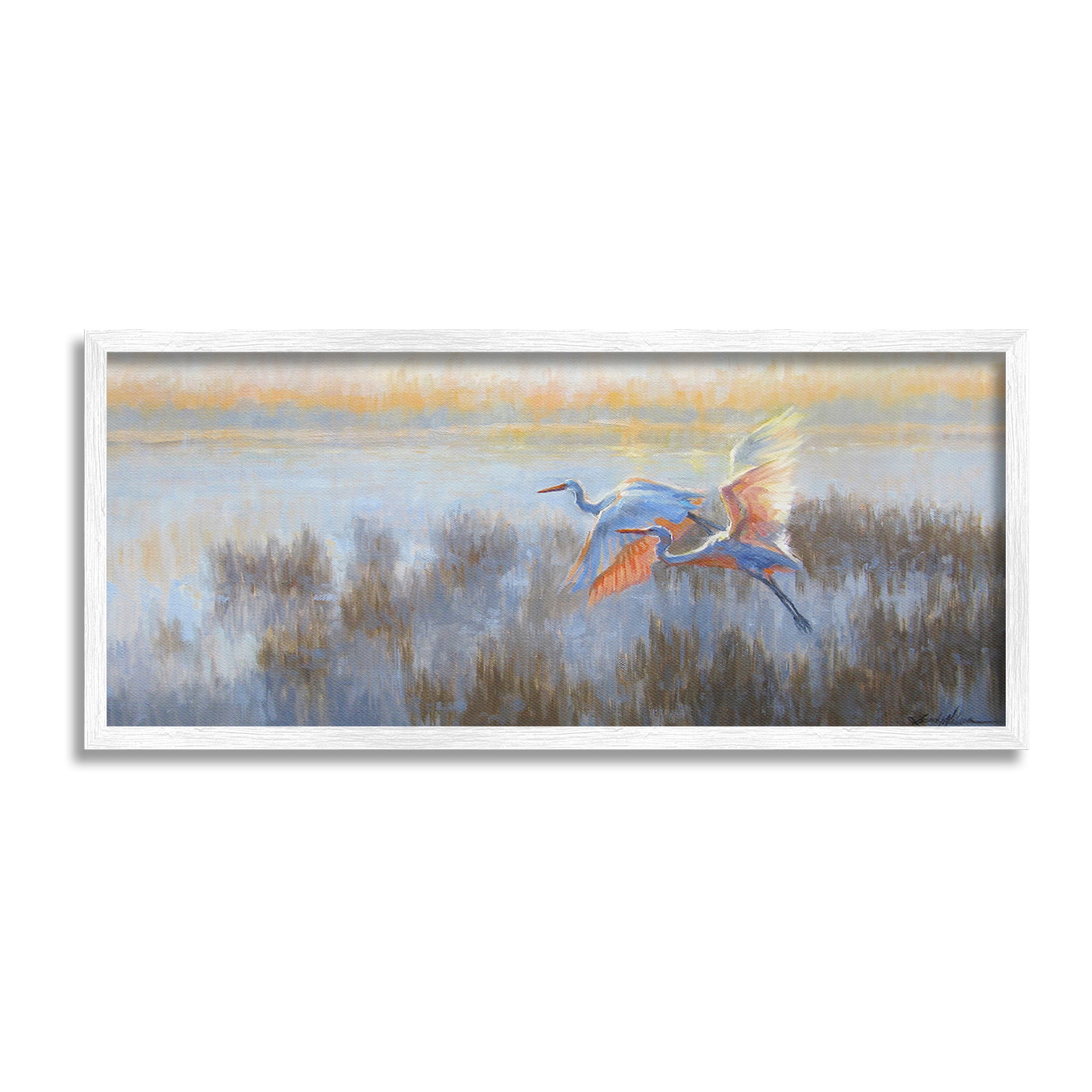 Stupell Industries Crane Birds over Lake Animals & Insects Painting White Framed Art Print Wall Art, 24 x 10