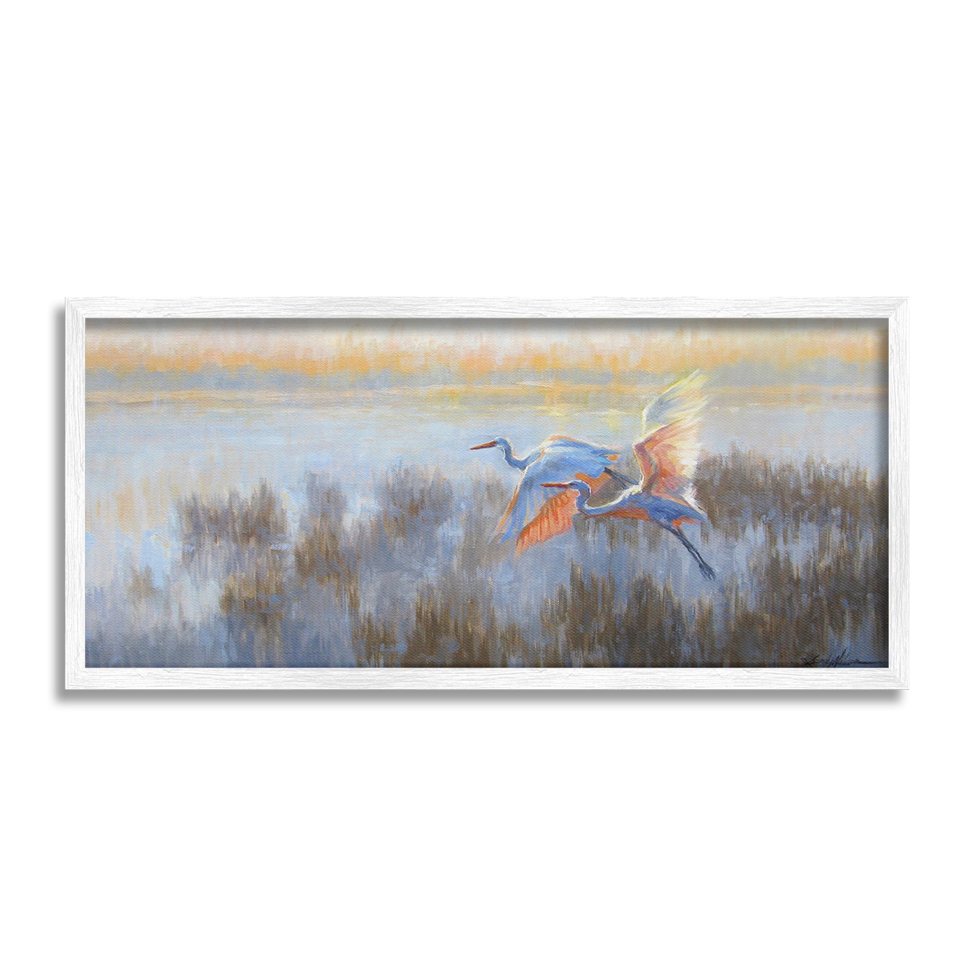 Stupell Industries Crane Birds over Lake Animals & Insects Painting White Framed Art Print Wall Art, 30 x 13