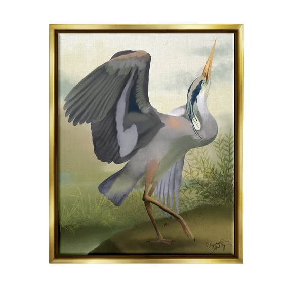 Stupell Industries Crane Dance Landscape Animals & Insects Painting Gold Floater Framed Canvas Art Print Wall Art, 17 x 21