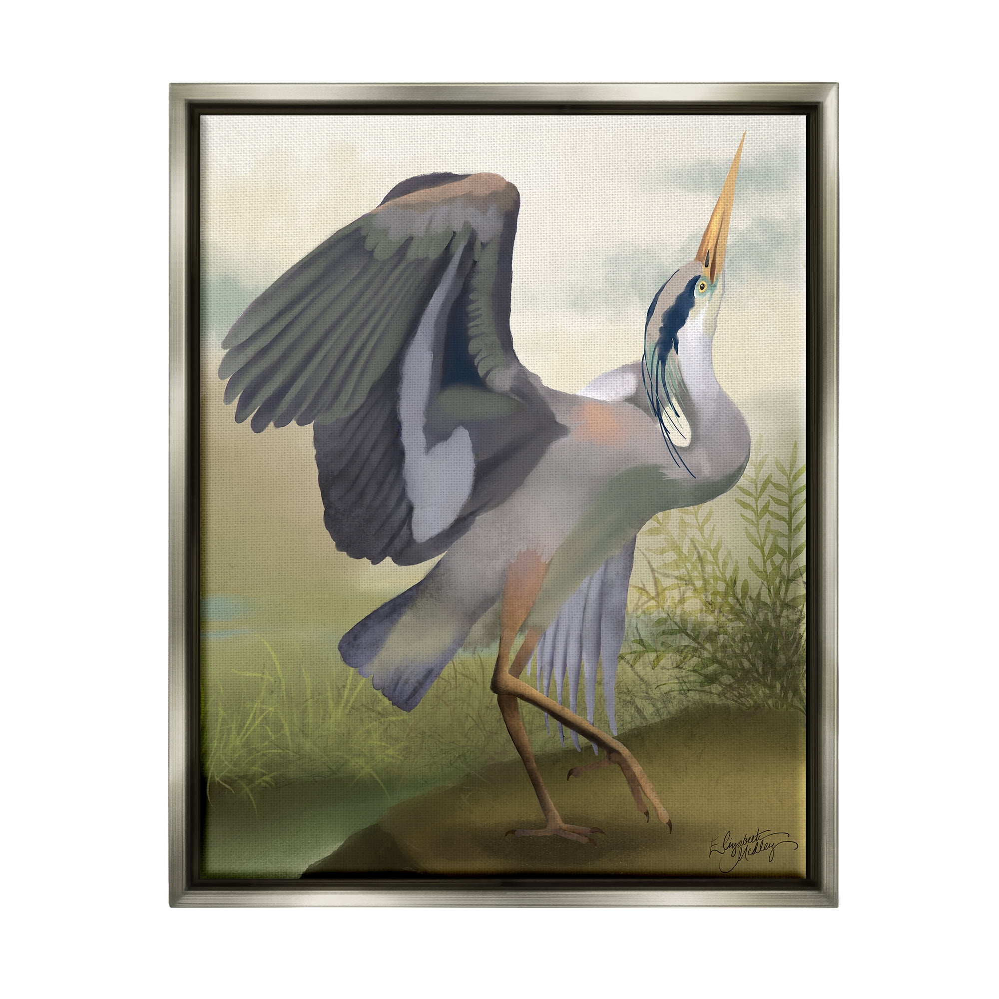 Stupell Industries Crane Dance Landscape Animals & Insects Painting Gray Floater Framed Canvas Art Print Wall Art, 25 x 31
