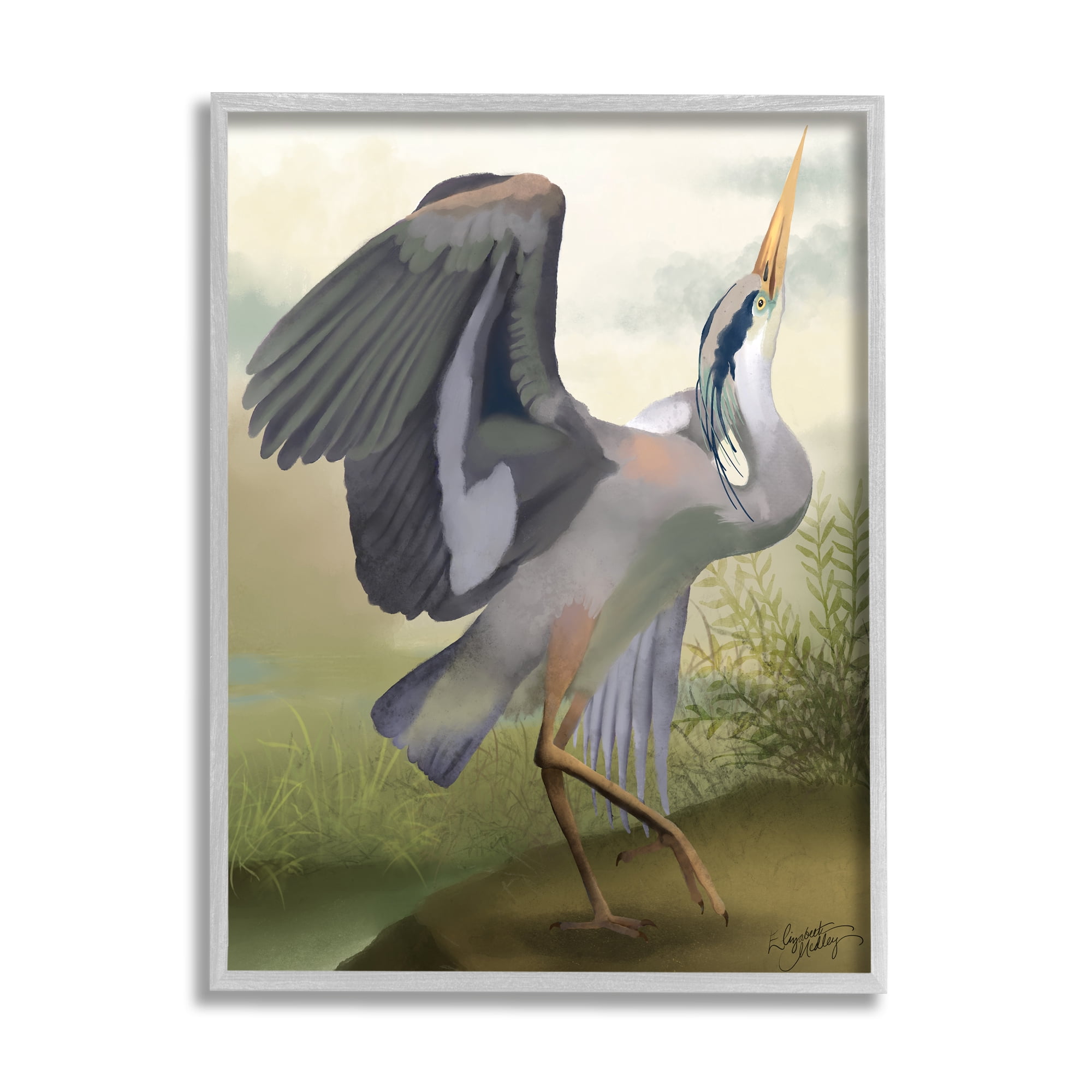 Stupell Industries Crane Dance Landscape Animals & Insects Painting Gray Framed Art Print Wall Art, 24 x 30