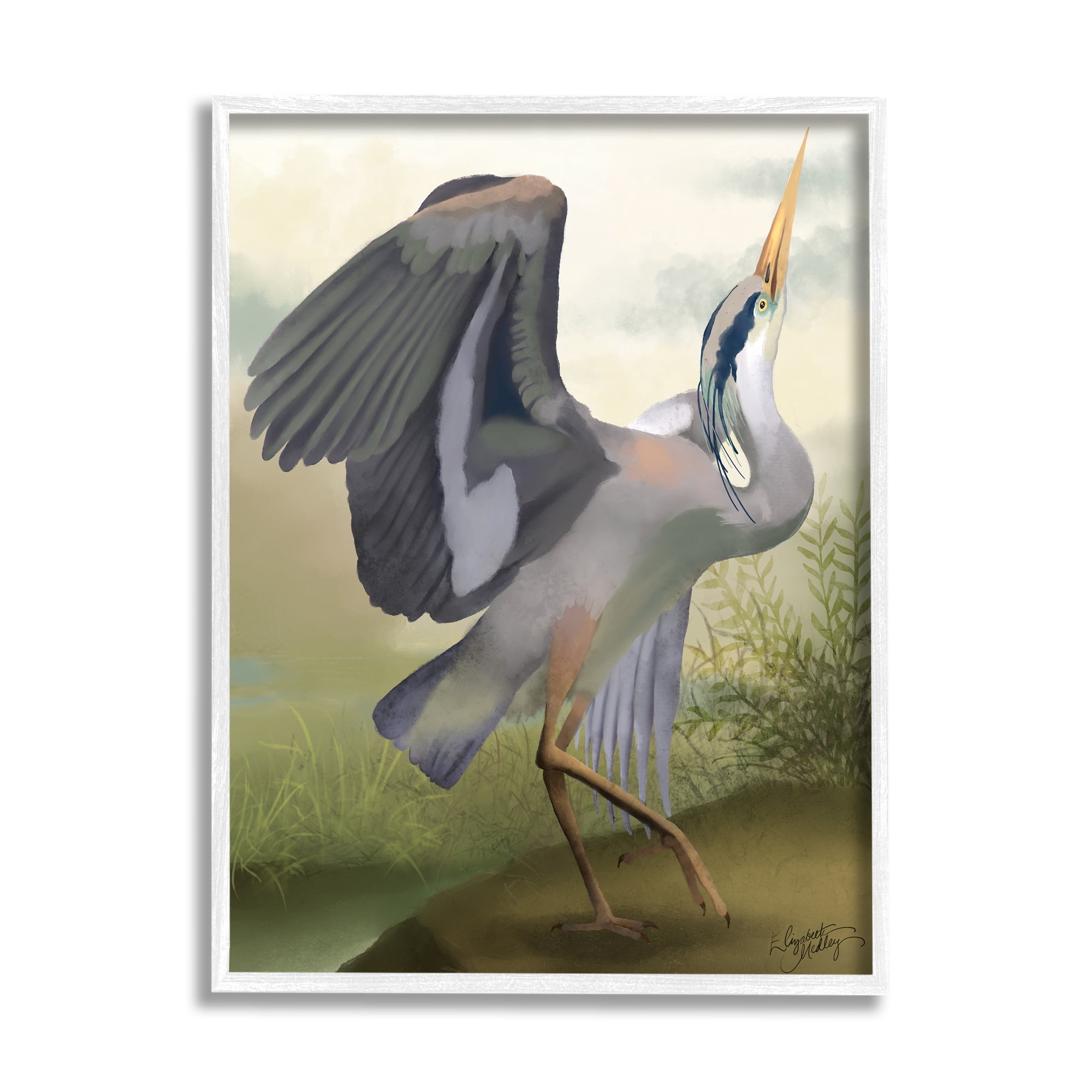 Stupell Industries Crane Dance Landscape Animals & Insects Painting White Framed Art Print Wall Art, 11 x 14