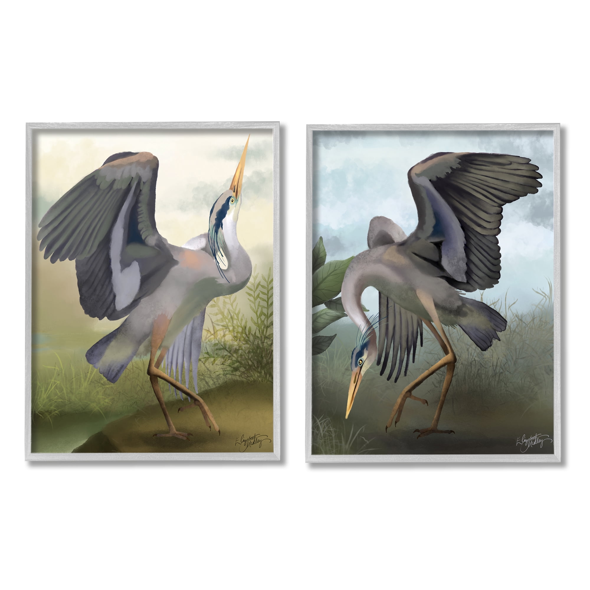 Stupell Industries Crane Dance Landscapes Animals & Insects Painting Gray Framed Art Print Wall Art, 11 x 14