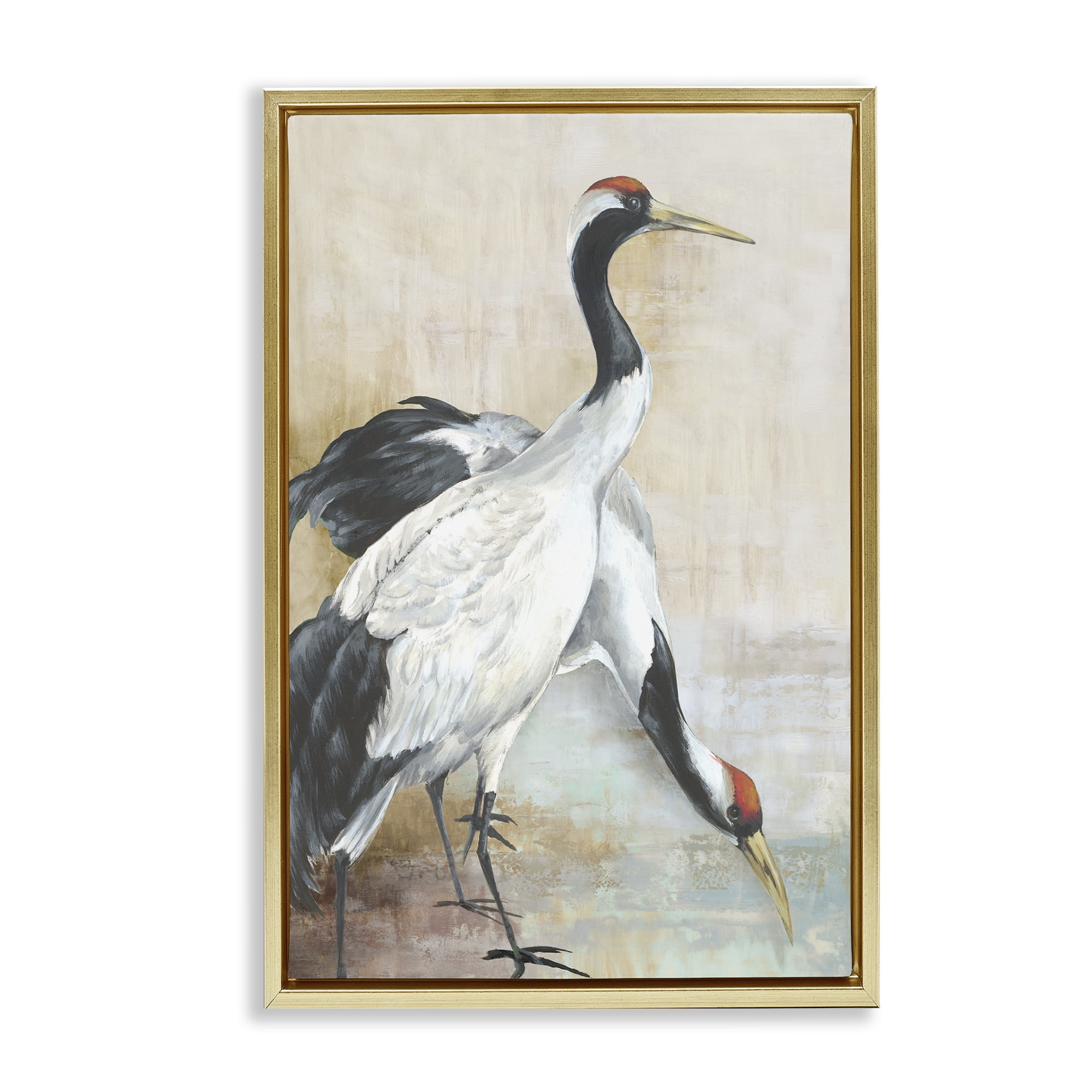 Stupell Industries Crane Duo at Riverside Animals Painting Gold Floater Framed Canvas Art Print Wall Art, 21 x 31