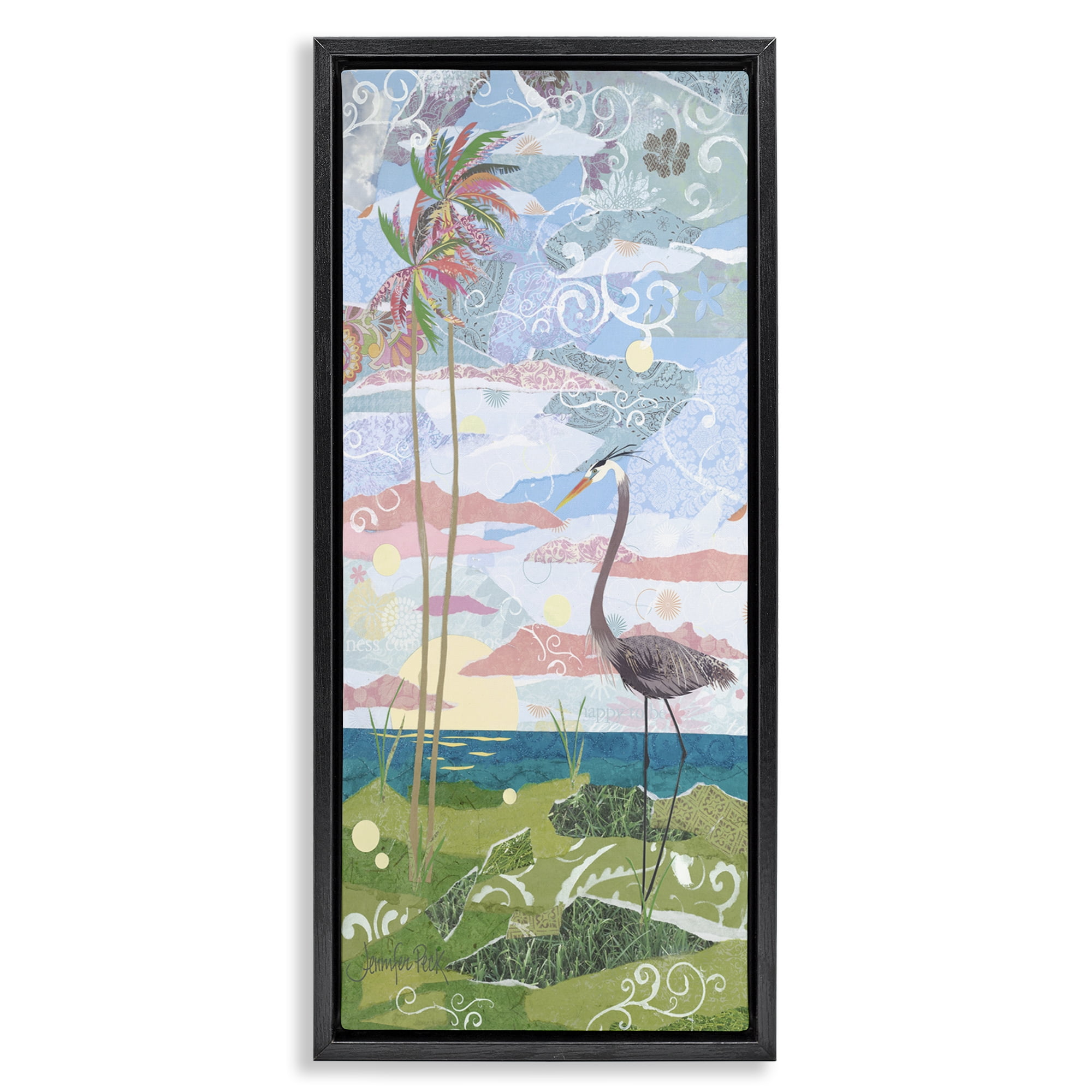Stupell Industries Crane & Swirled Landscape Landscape Painting Black Floater Framed Canvas Art Print Wall Art, 15 x 31