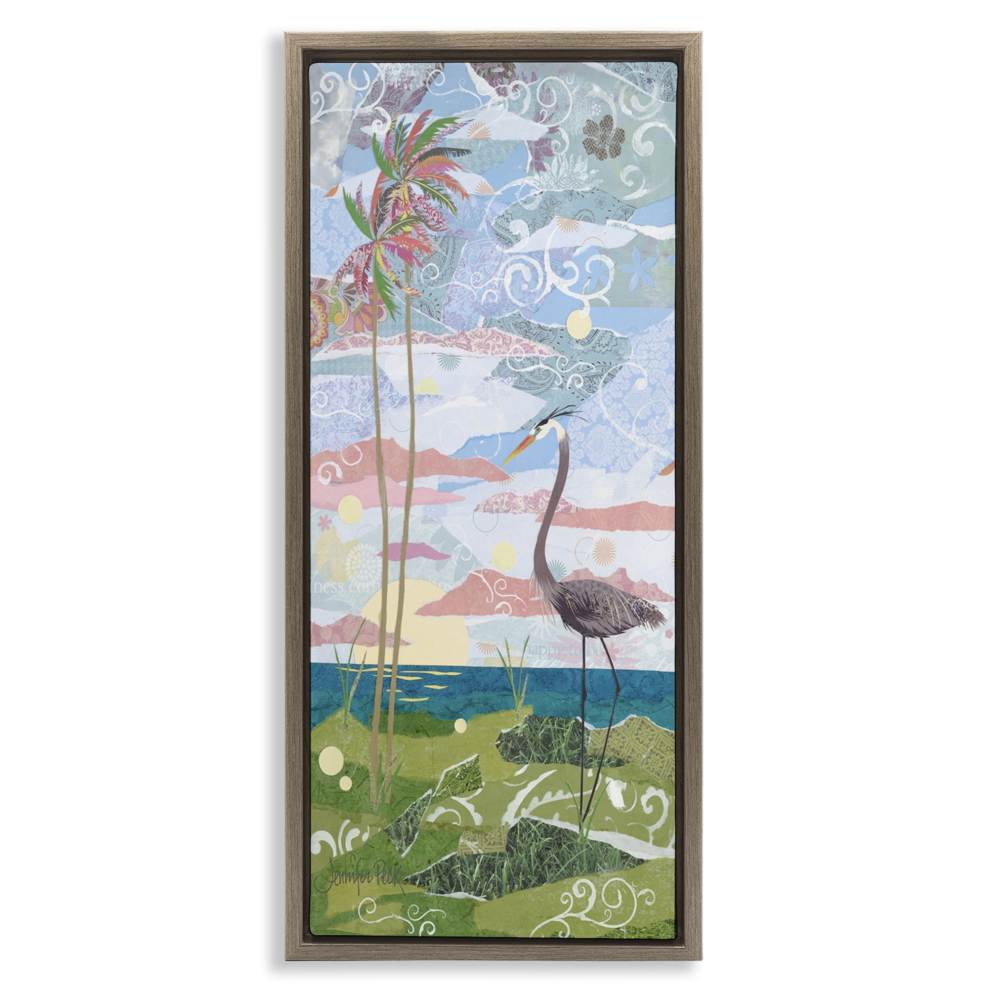Stupell Industries Crane & Swirled Landscape Landscape Painting Brown Floater Framed Canvas Art Print Wall Art, 15 x 31