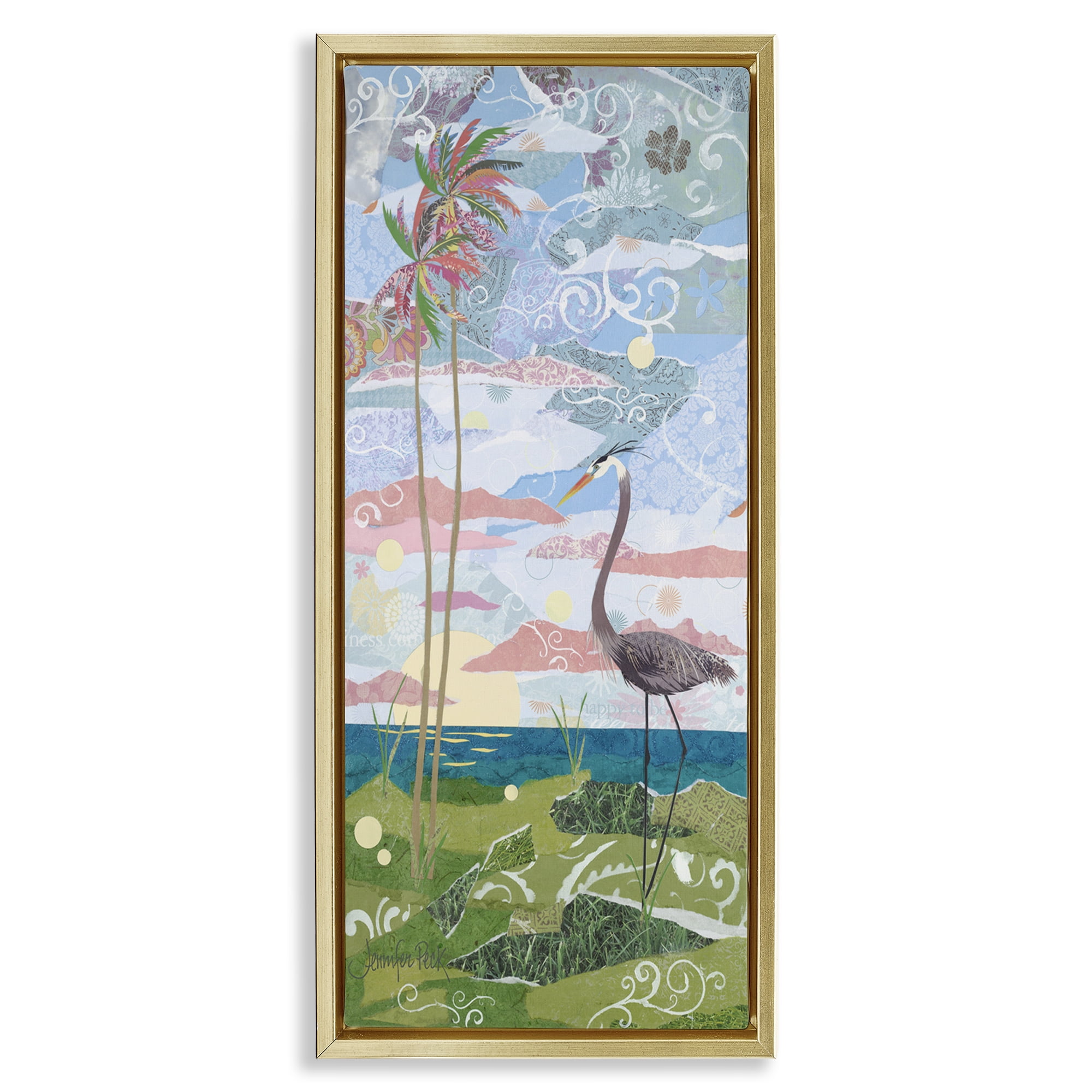 Stupell Industries Crane & Swirled Landscape Landscape Painting Gold Floater Framed Canvas Art Print Wall Art, 11 x 25