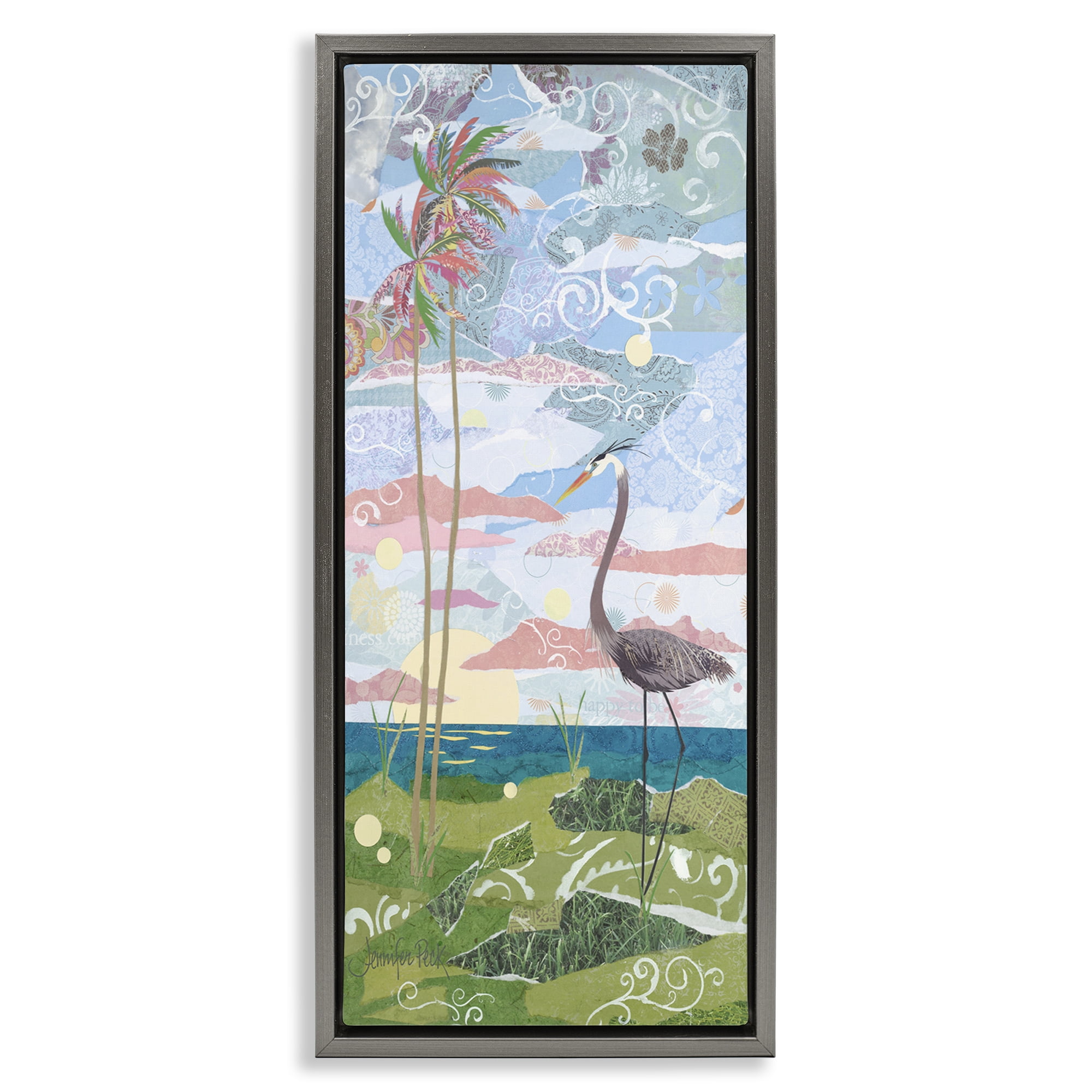 Stupell Industries Crane & Swirled Landscape Landscape Painting Gray Floater Framed Canvas Art Print Wall Art, 11 x 25