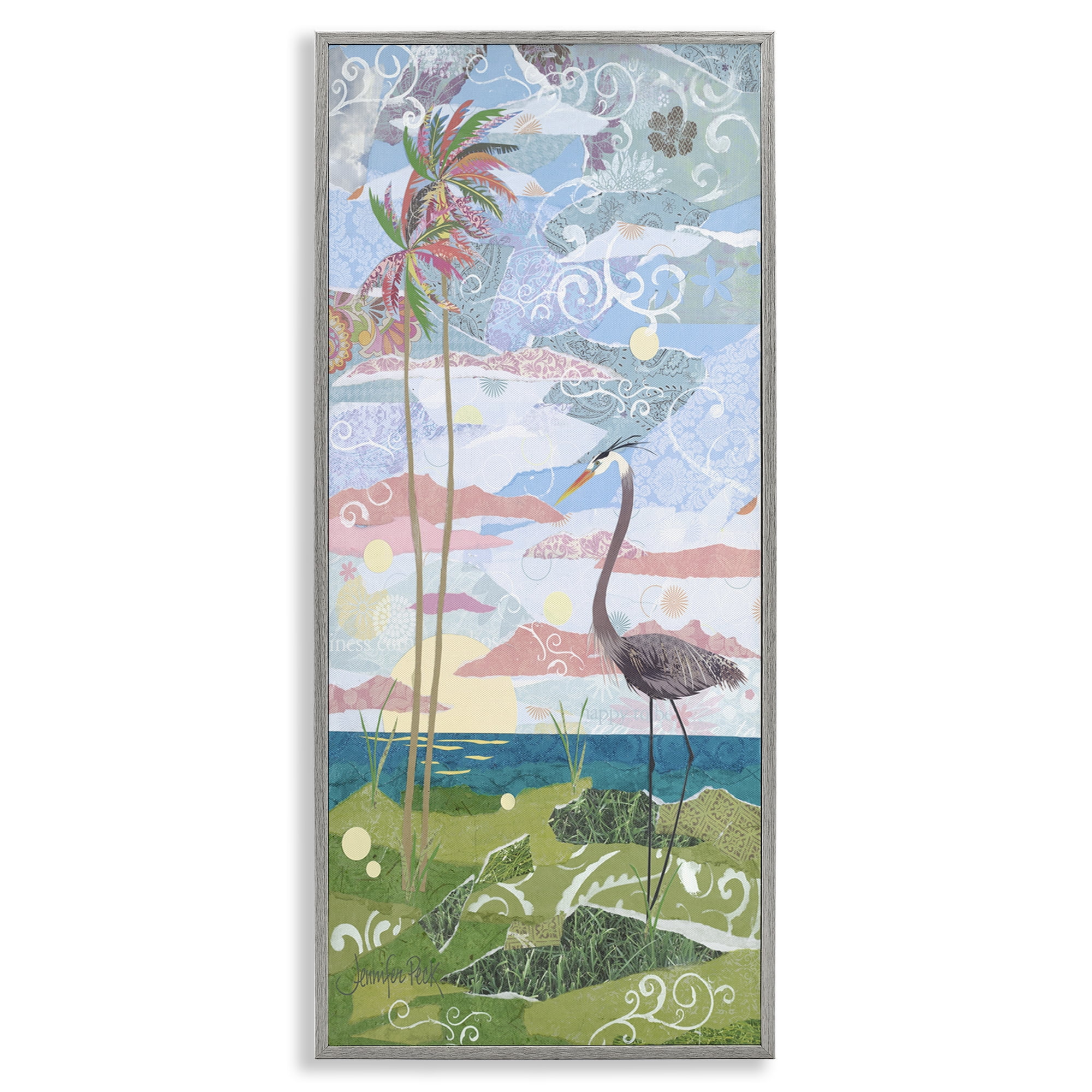 Stupell Industries Crane & Swirled Landscape Landscape Painting Gray Framed Art Print Wall Art, 10 x 24