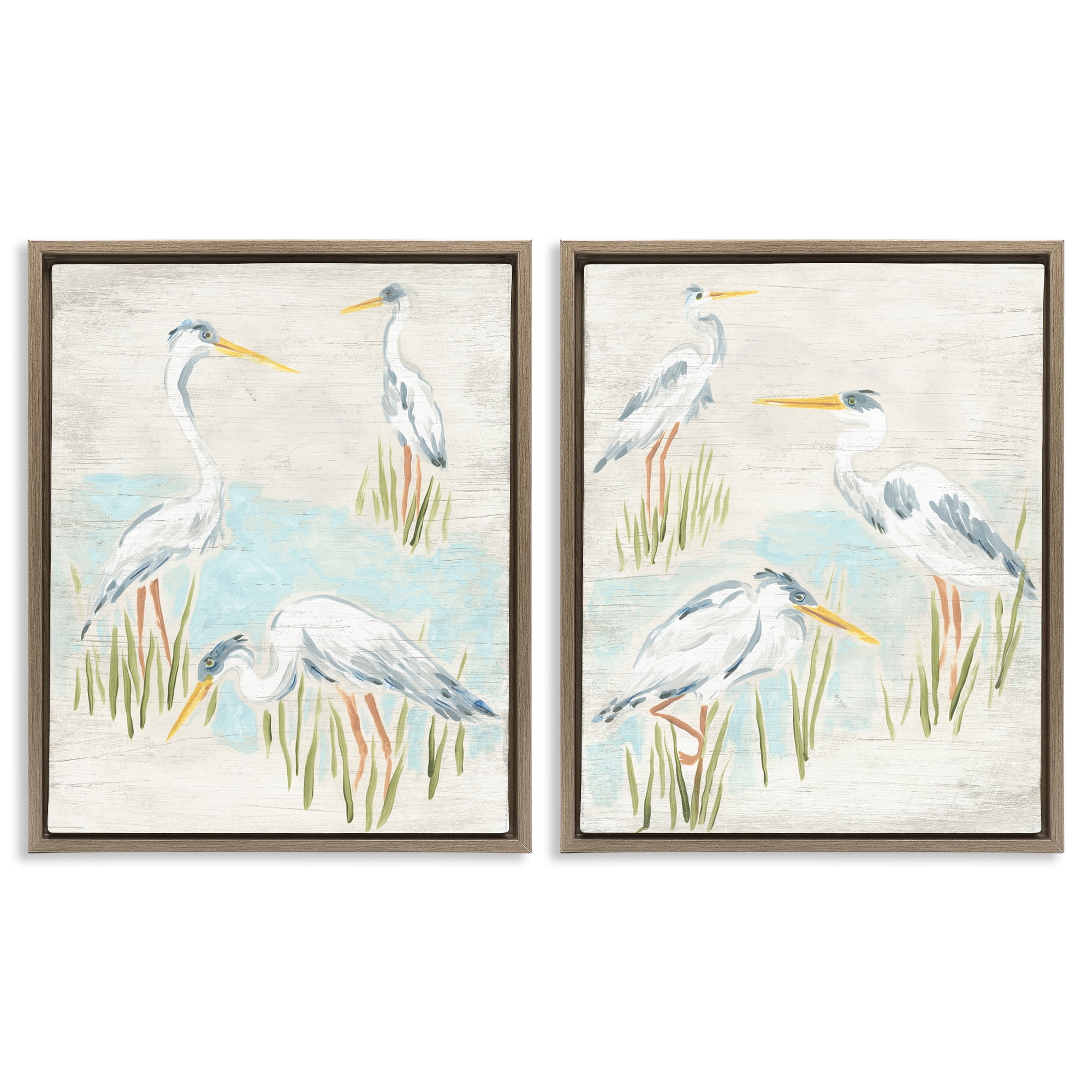 Stupell Industries Cranes in Marsh Pond Animals Painting Brown Floater Framed Canvas Art Print Wall Art, 17 x 21, Set of 2
