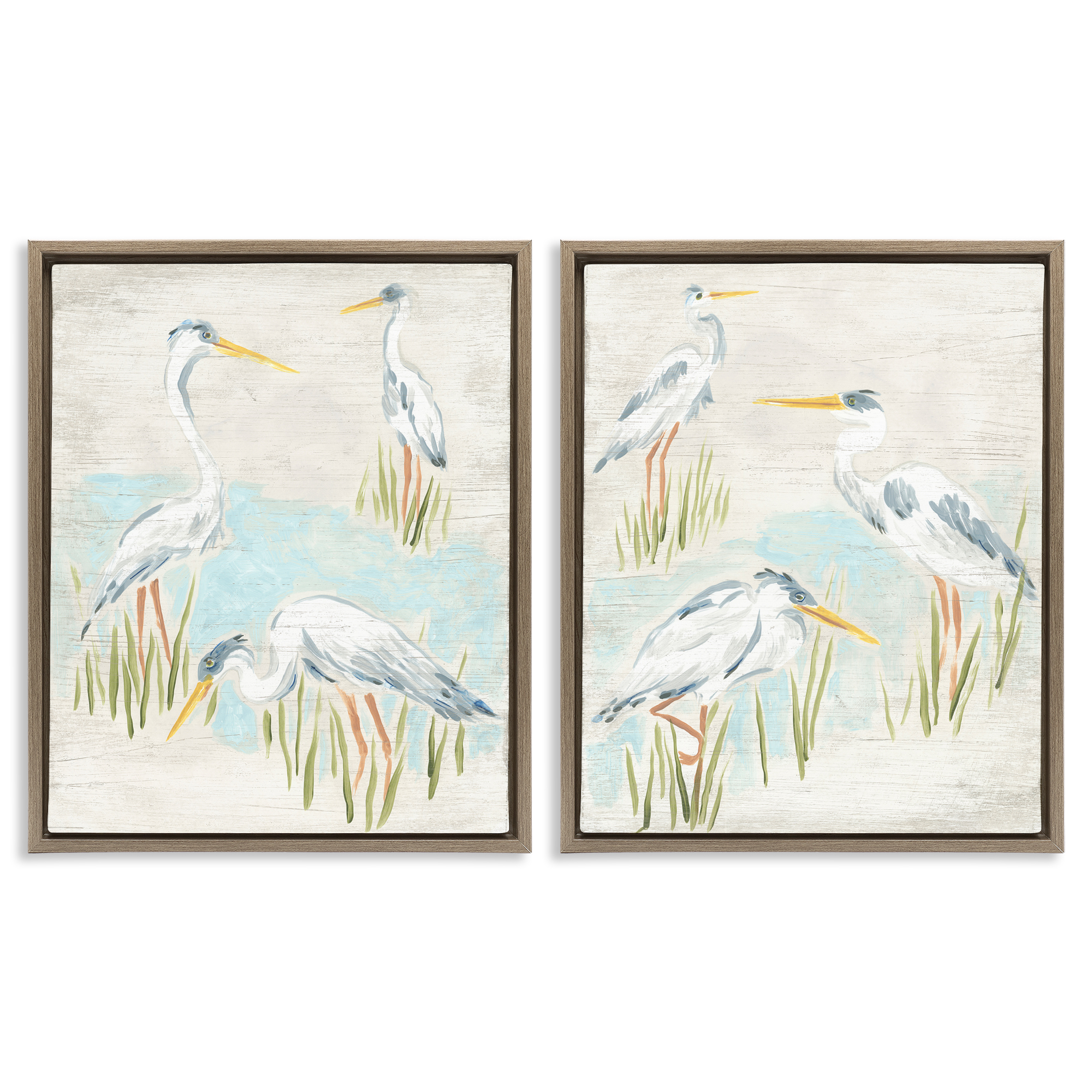 Stupell Industries Cranes in Marsh Pond Animals Painting Brown Floater Framed Canvas Art Print Wall Art, 31 x 25, Set of 2