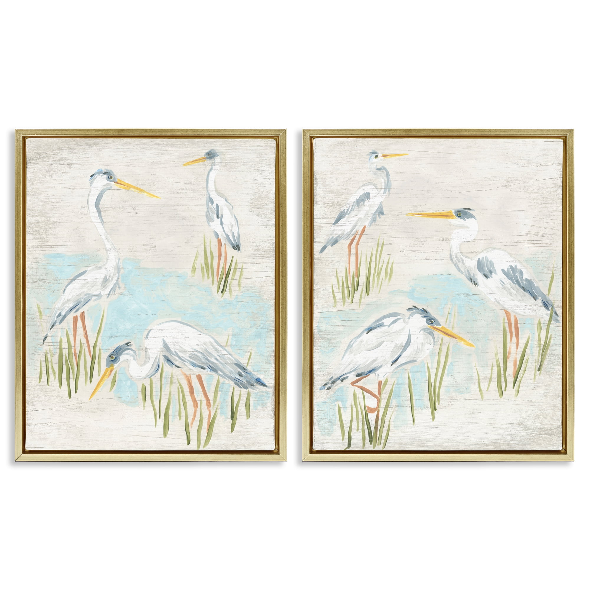 Stupell Industries Cranes in Marsh Pond Animals Painting Gold Floater Framed Canvas Art Print Wall Art, 31 x 25, Set of 2