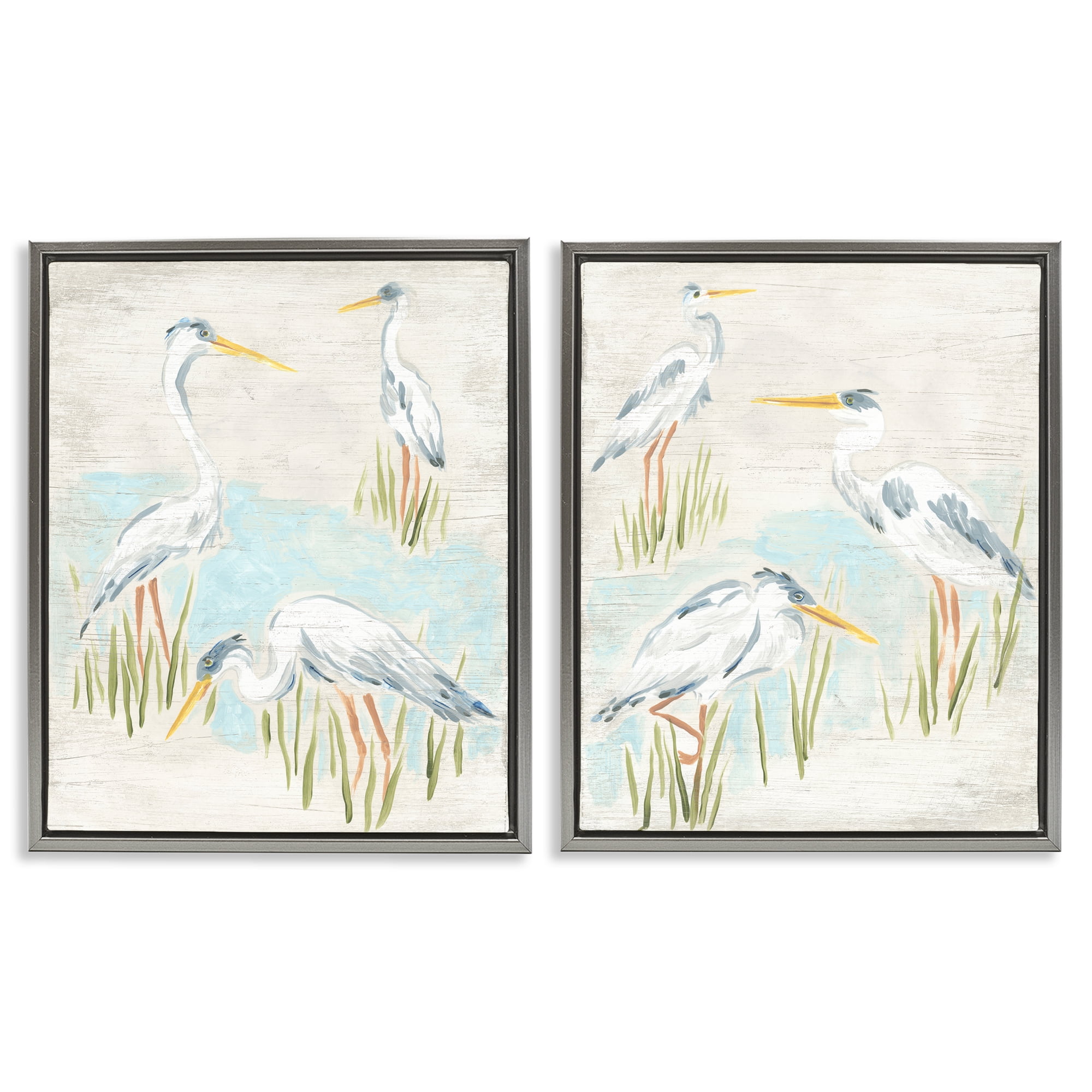 Stupell Industries Cranes in Marsh Pond Animals Painting Gray Floater Framed Canvas Art Print Wall Art, 17 x 21, Set of 2