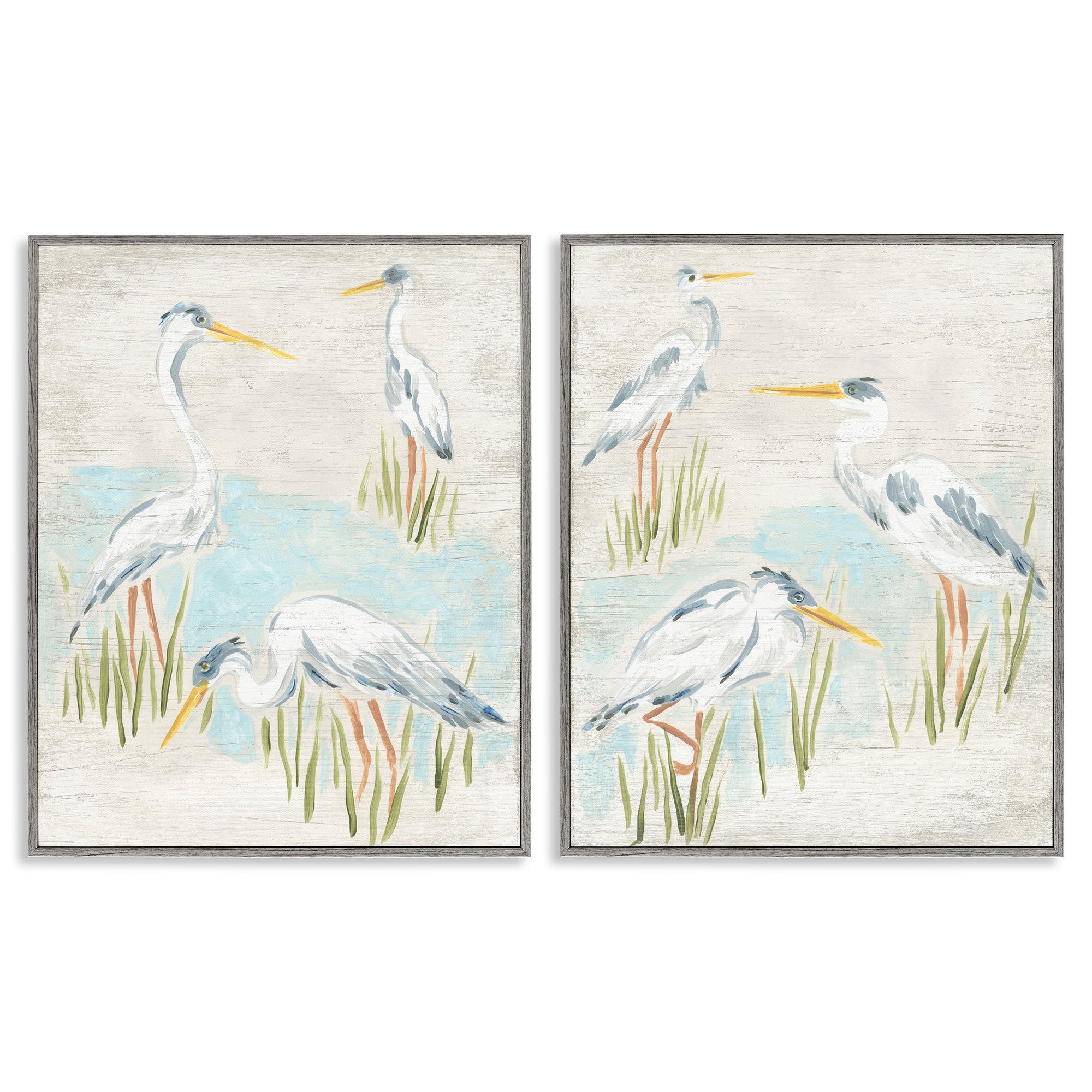 Stupell Industries Cranes in Marsh Pond Animals Painting Gray Framed Art Print Wall Art, 11 x 14, Set of 2