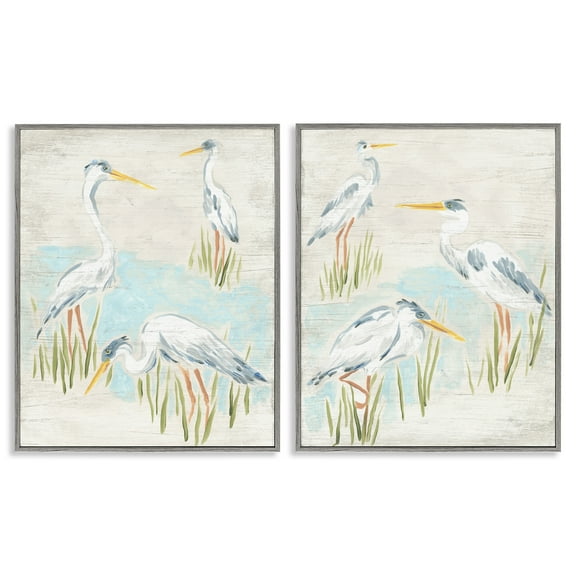 Stupell Industries Cranes in Marsh Pond Animals Painting Gray Framed Art Print Wall Art, 16 x 20, Set of 2