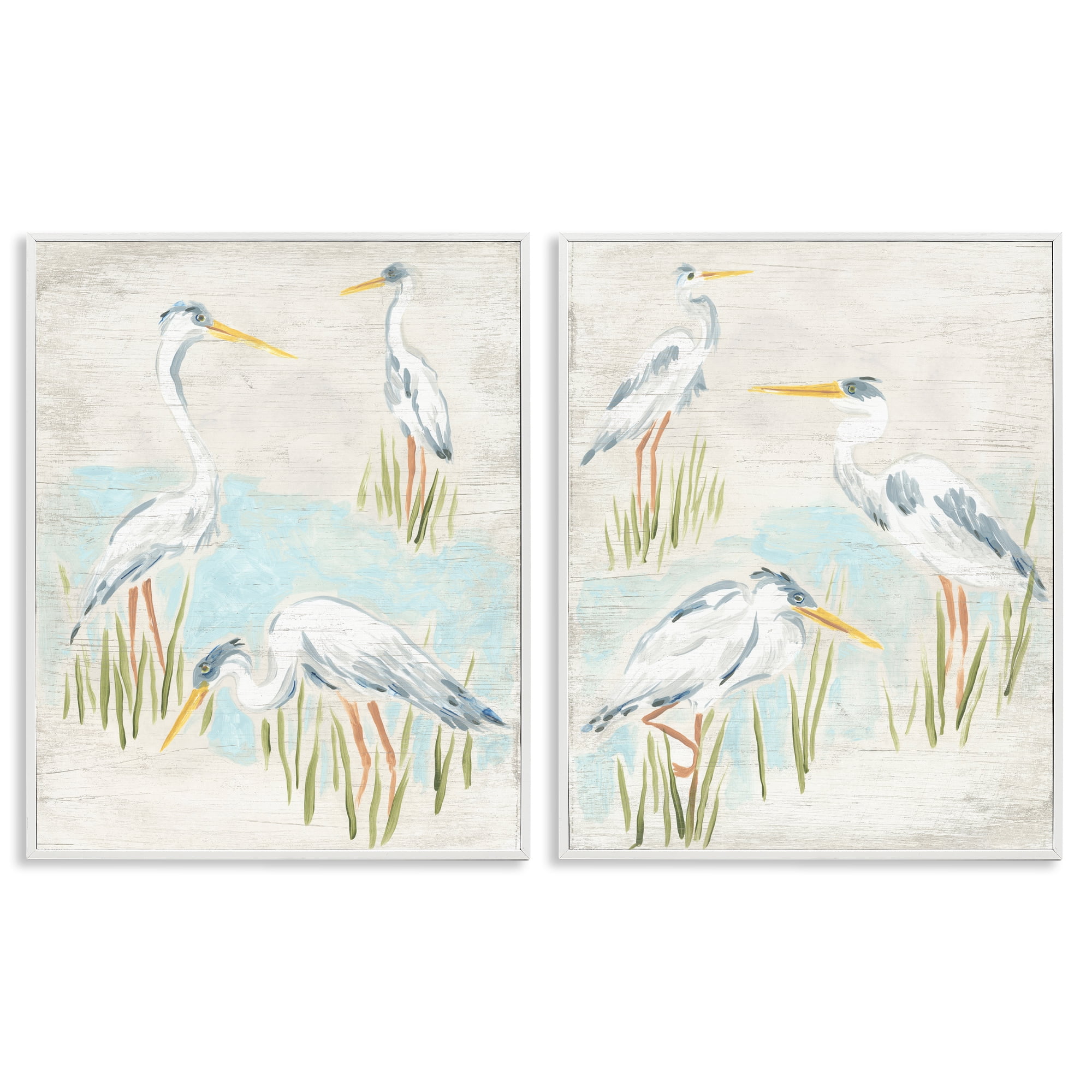 Stupell Industries Cranes in Marsh Pond Animals Painting White Framed Art Print Wall Art, 11 x 14, Set of 2
