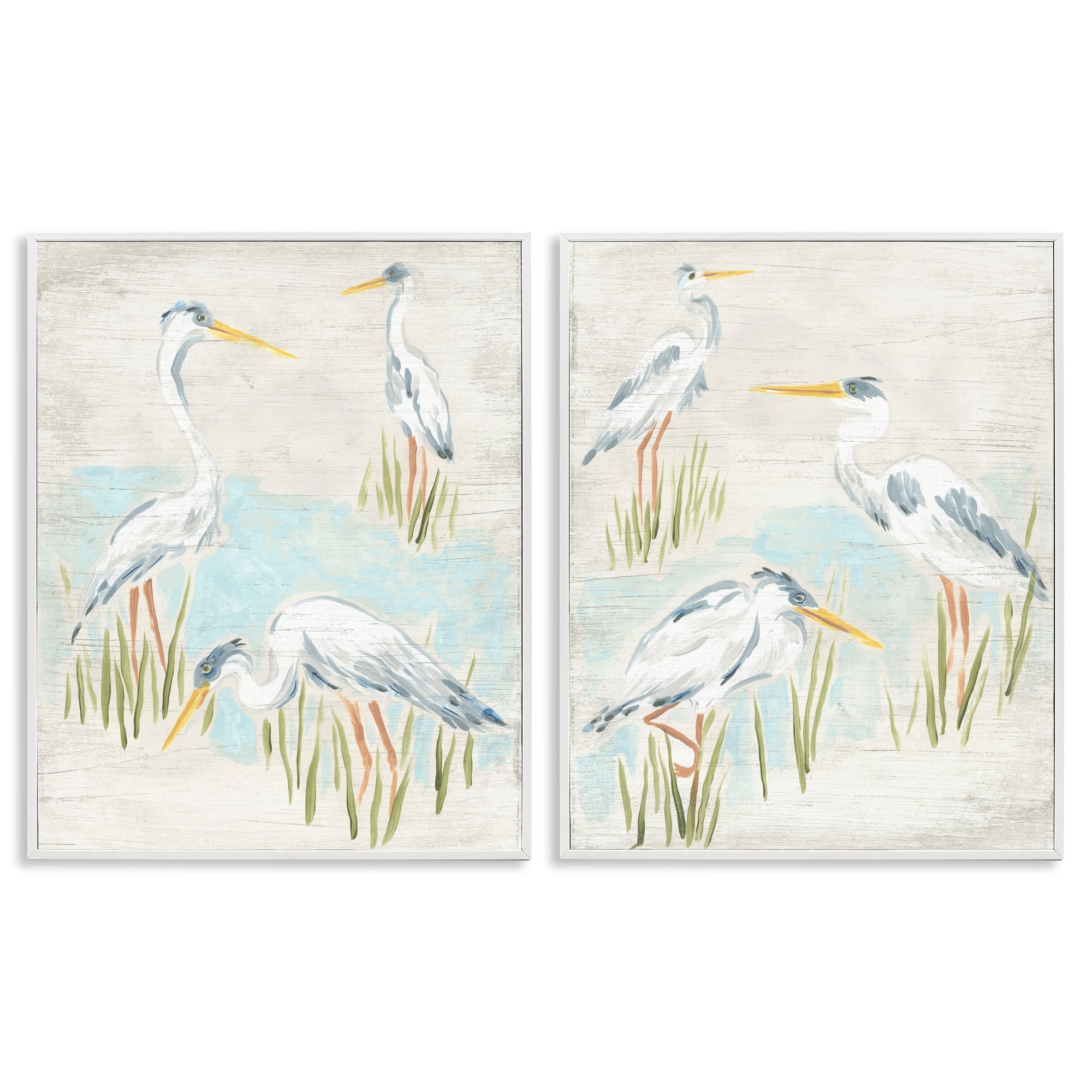 Stupell Industries Cranes in Marsh Pond Animals Painting White Framed Art Print Wall Art, 16 x 20, Set of 2