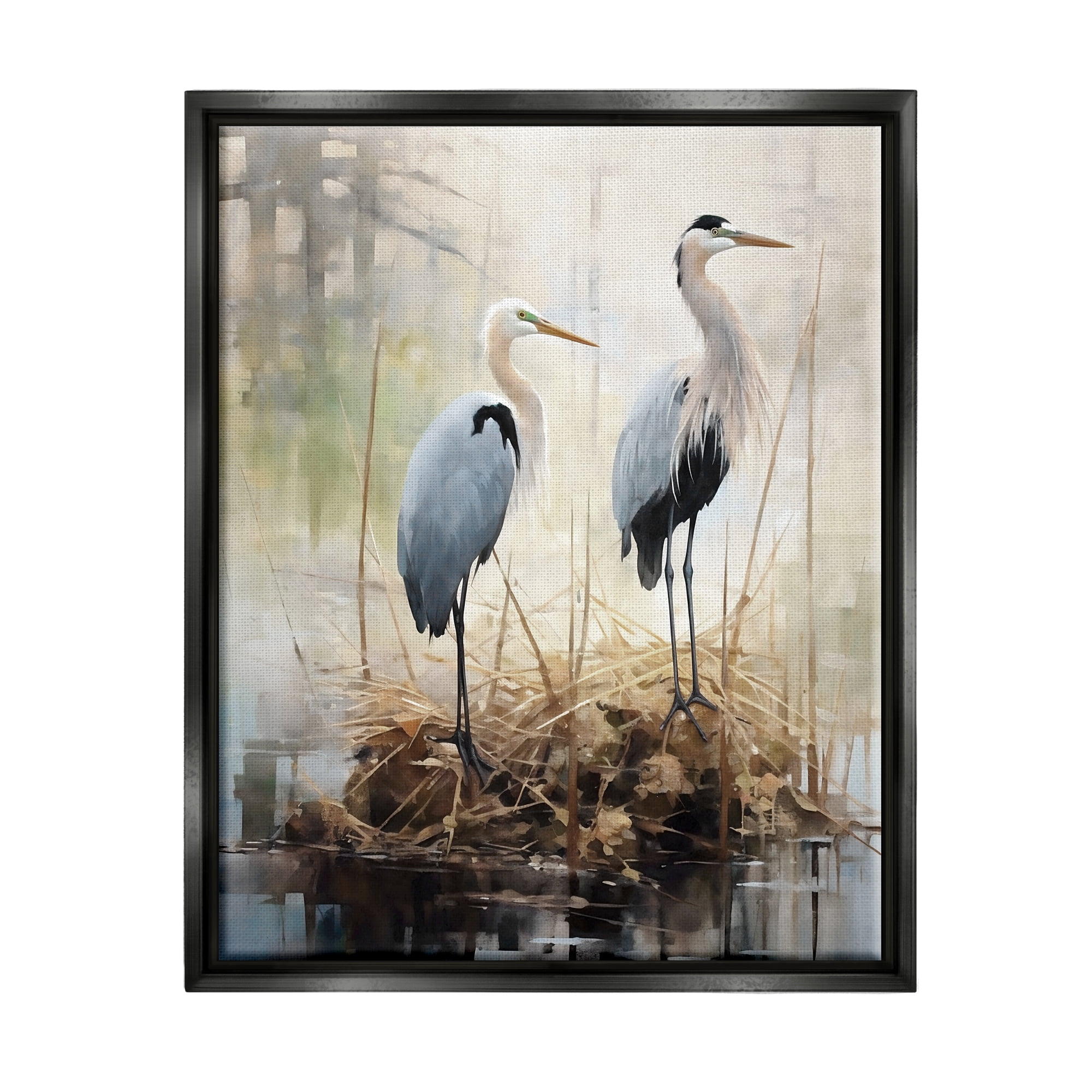 Stupell Industries Cranes in Pond Nature Animals & Insects Painting Black Floater Framed Canvas Art Print Wall Art, 17 x 21
