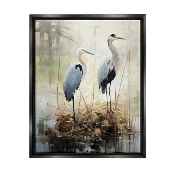 Stupell Industries Cranes in Pond Nature Animals & Insects Painting Black Floater Framed Canvas Art Print Wall Art, 17 x 21