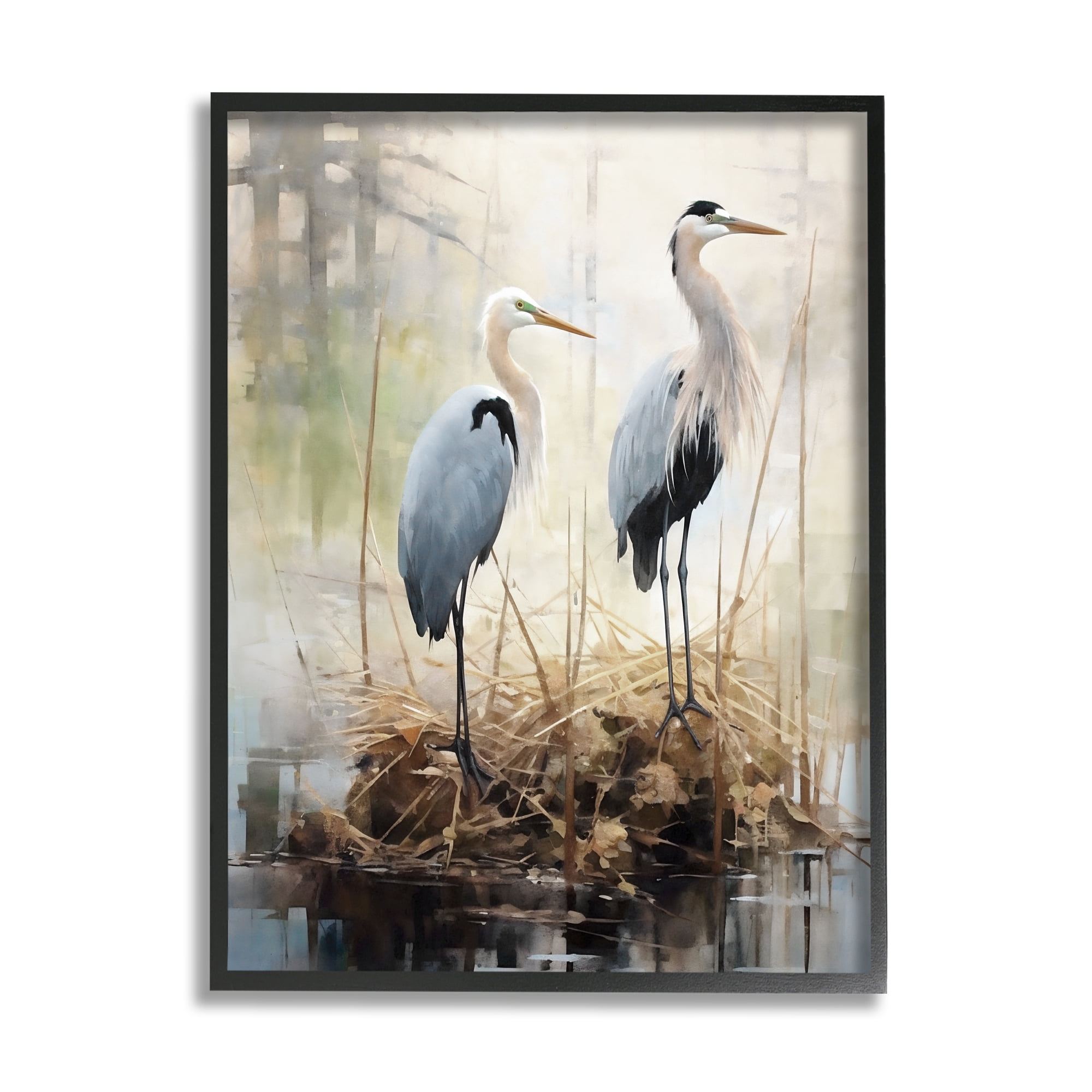 Stupell Industries Cranes in Pond Nature Animals & Insects Painting Black Framed Art Print Wall Art, 24 x 30