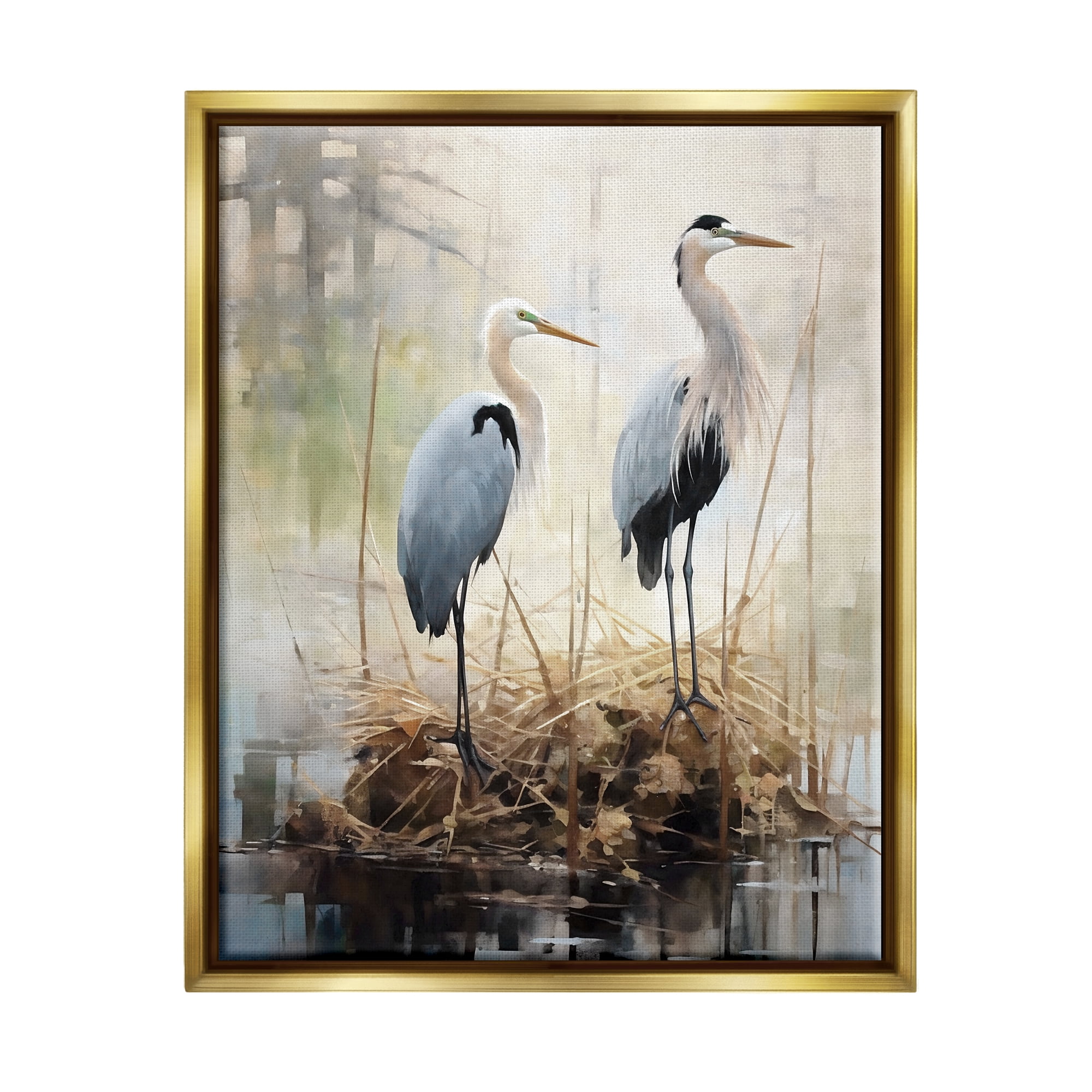 Stupell Industries Cranes in Pond Nature Animals & Insects Painting Gold Floater Framed Canvas Art Print Wall Art, 17 x 21